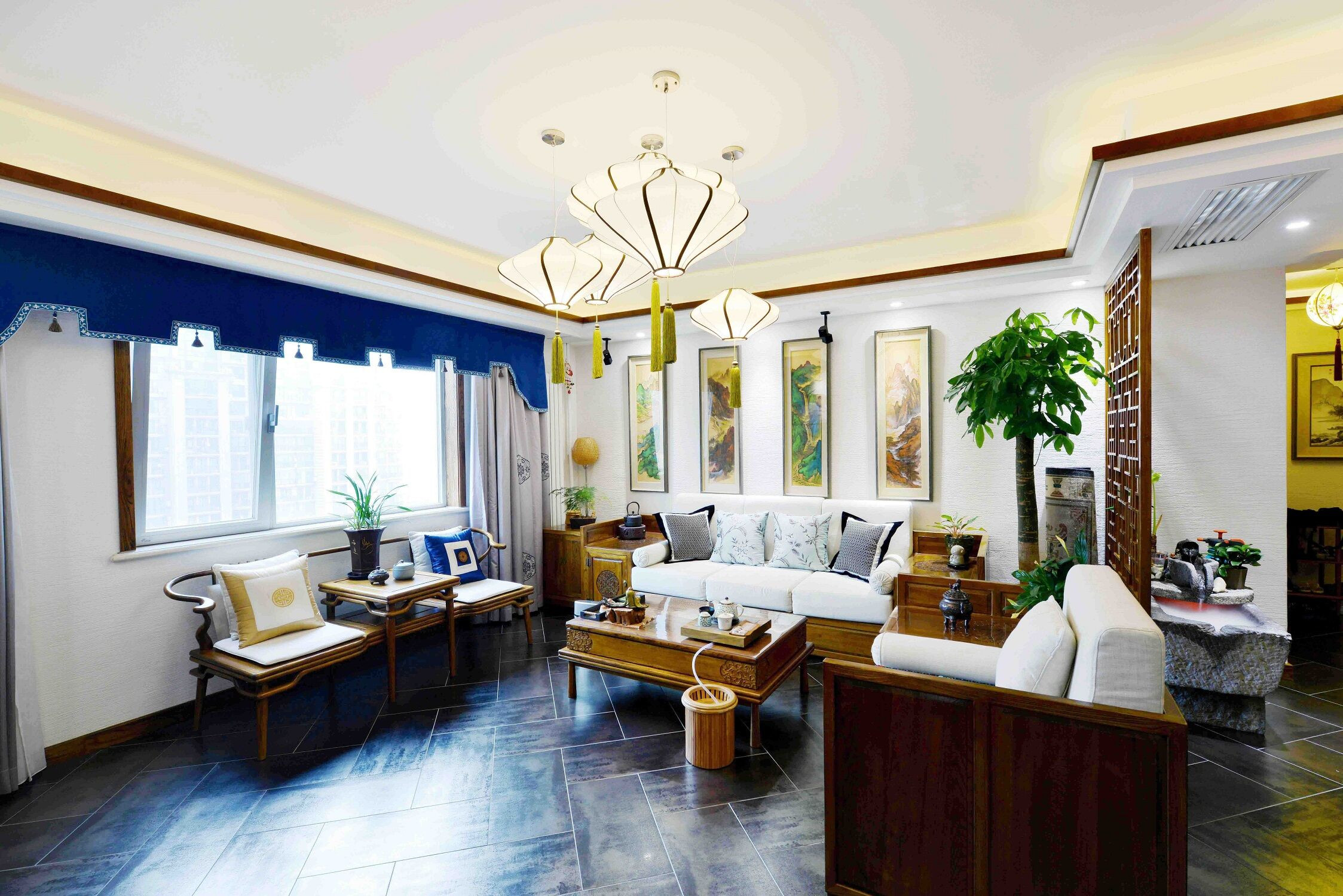 中式风格,140平米以上装修,20万以上装修,三居室装修,客厅,沙发背景墙,沙发,白色