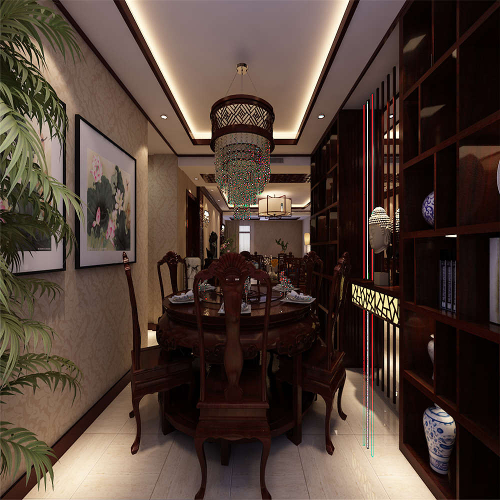 中式风格,四房装修,140平米以上装修,20万以上装修,餐厅,餐桌,吊顶,褐色