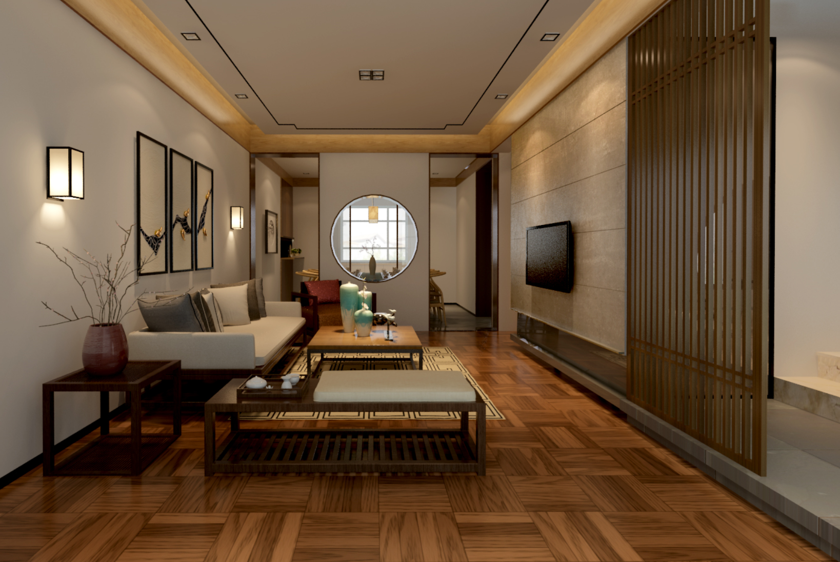 中式风格,20万以上装修,三居室装修,140平米以上装修,客厅,沙发,沙发背景墙,原木色
