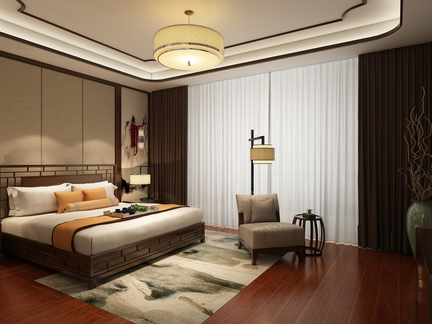 中式风格,四房装修,20万以上装修,140平米以上装修,卧室,背景墙,灯具,咖啡色