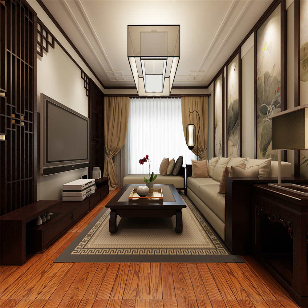 中式风格,四房装修,10-15万装修,140平米以上装修,客厅,沙发,吊顶,茶几,黑白