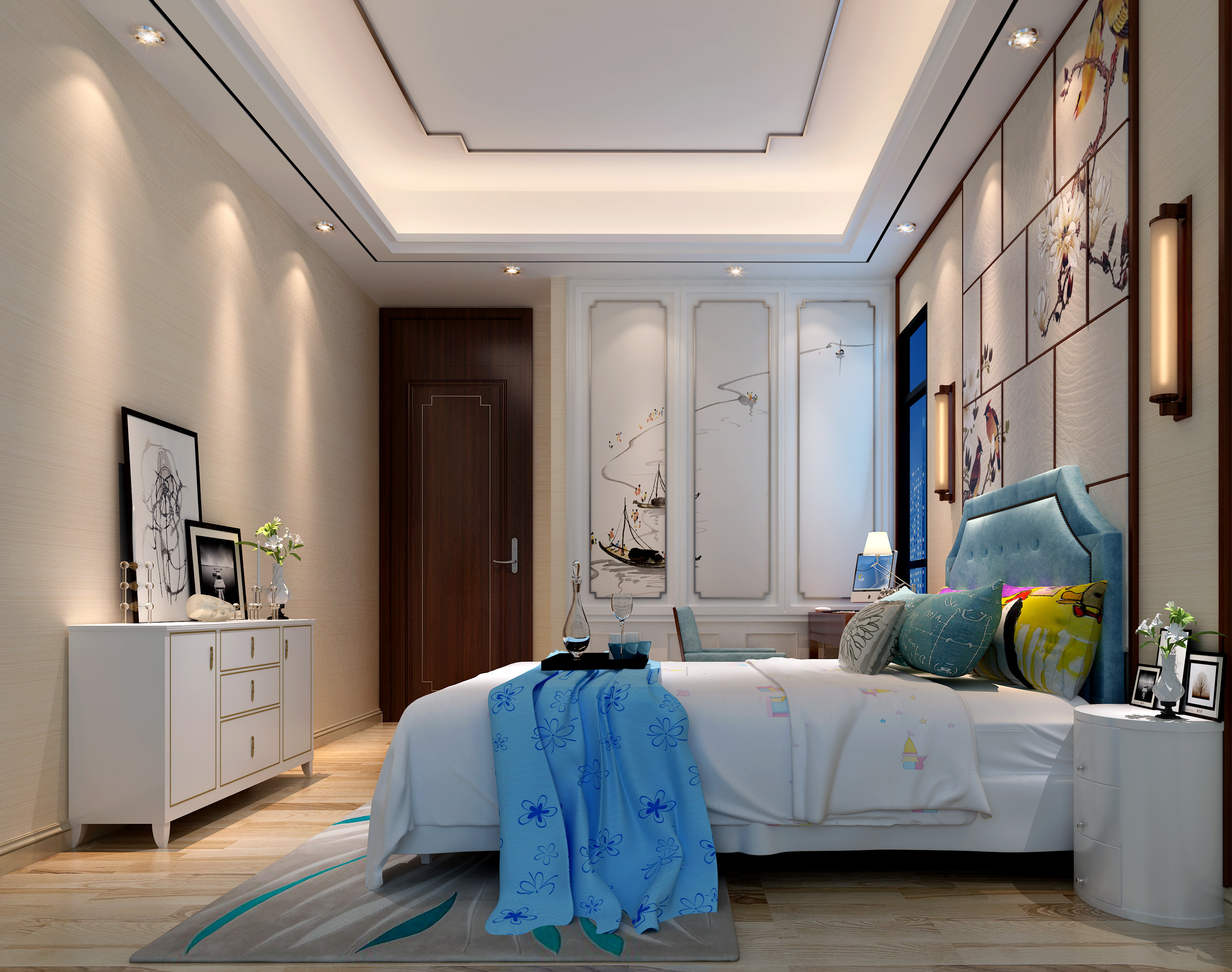 中式风格,四房装修,20万以上装修,140平米以上装修,卧室,背景墙,床上用品,米色
