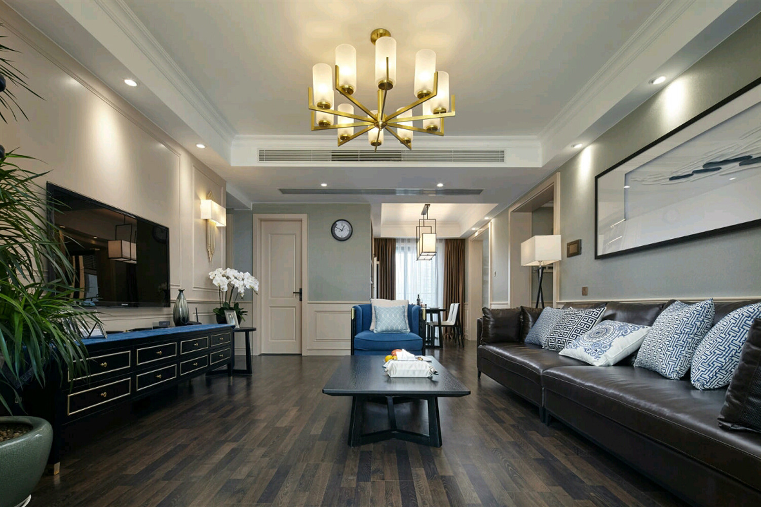 美式风格,20万以上装修,三居室装修,130平米装修,客厅,电视柜,沙发背景墙,蓝色