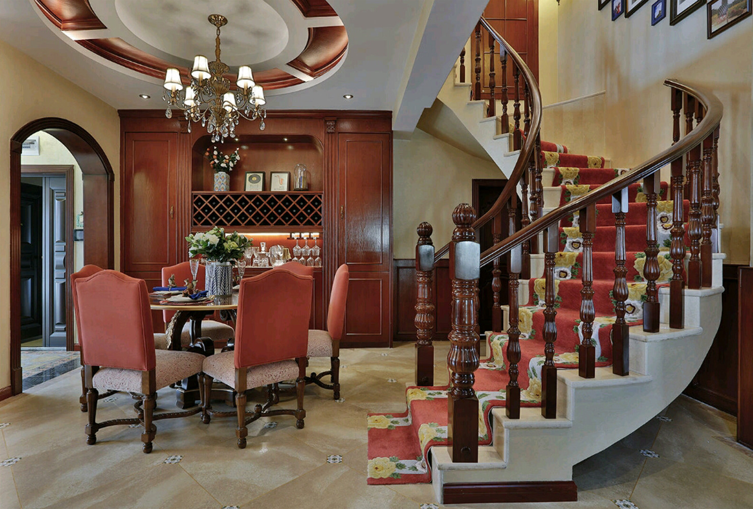美式风格,140平米以上装修,20万以上装修,大户型,餐厅,楼梯,餐桌,红色