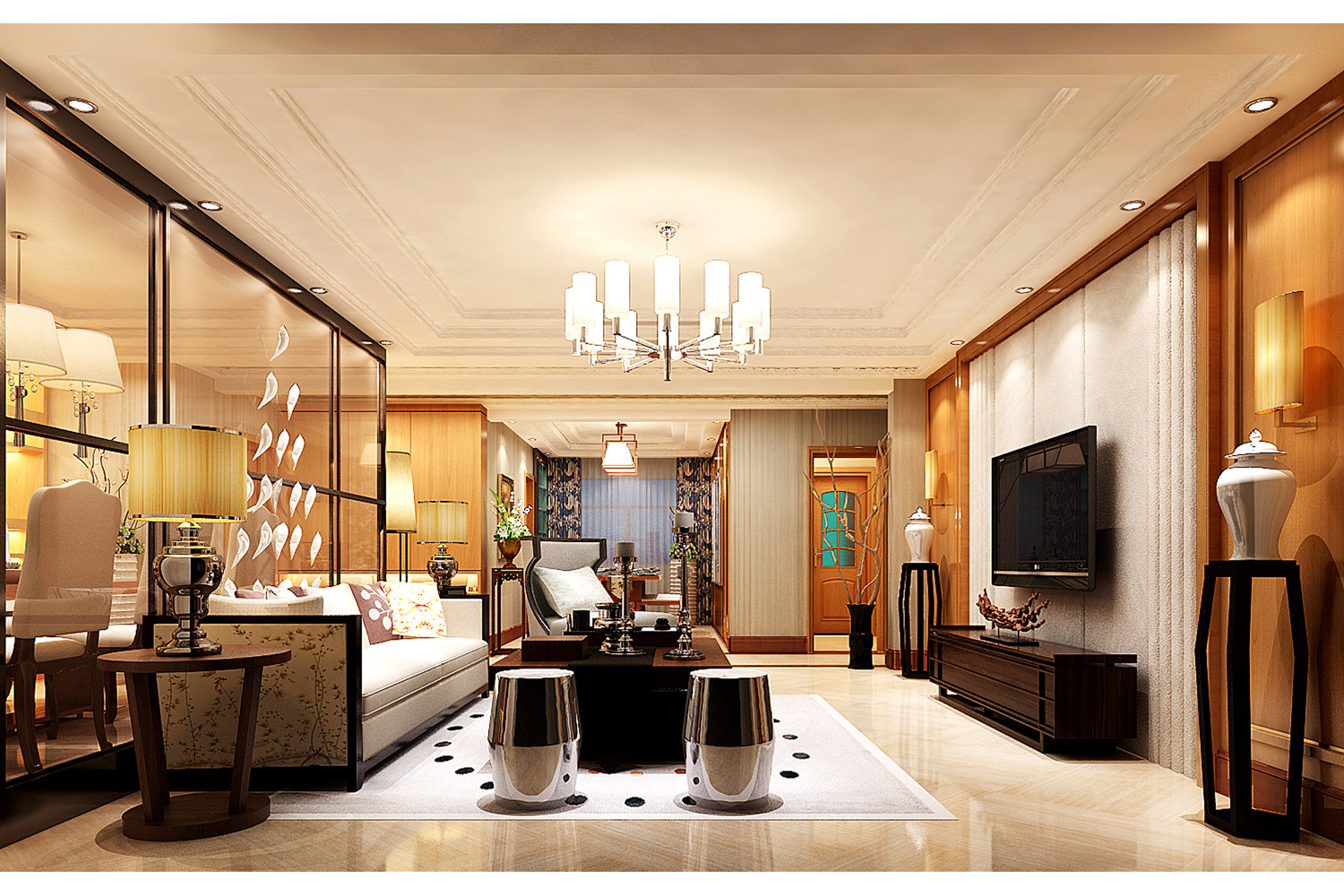 中式风格,140平米以上装修,20万以上装修,复式装修,客厅,电视背景墙,沙发,吊顶,暖色调
