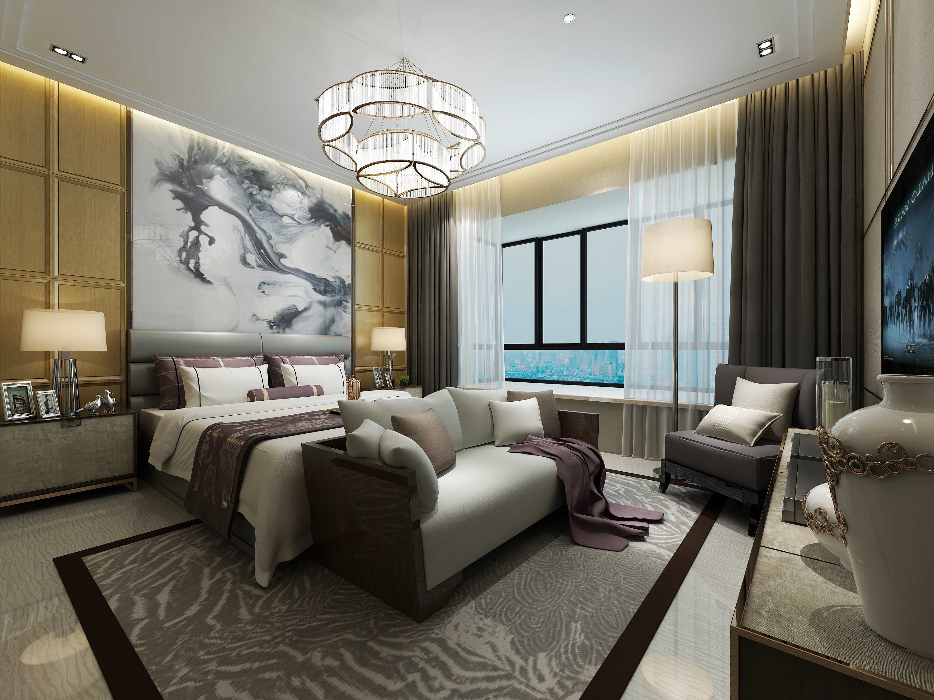 中式风格,三居室装修,15-20万装修,140平米以上装修,卧室,背景墙,窗帘,沙发,灰色