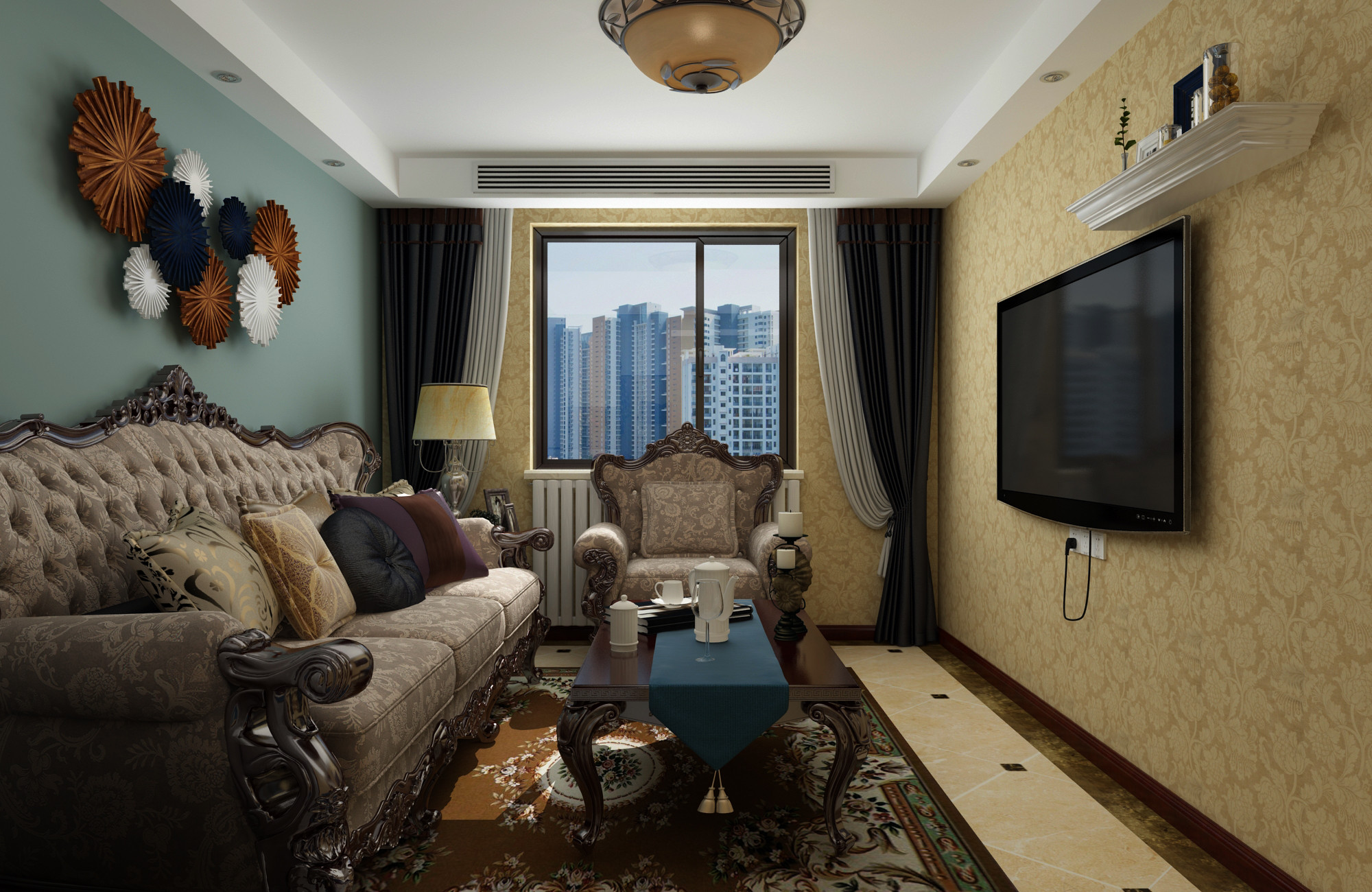 美式风格,一居室装修,70平米装修,15-20万装修,客厅,沙发,电视背景墙,沙发背景墙,黄色