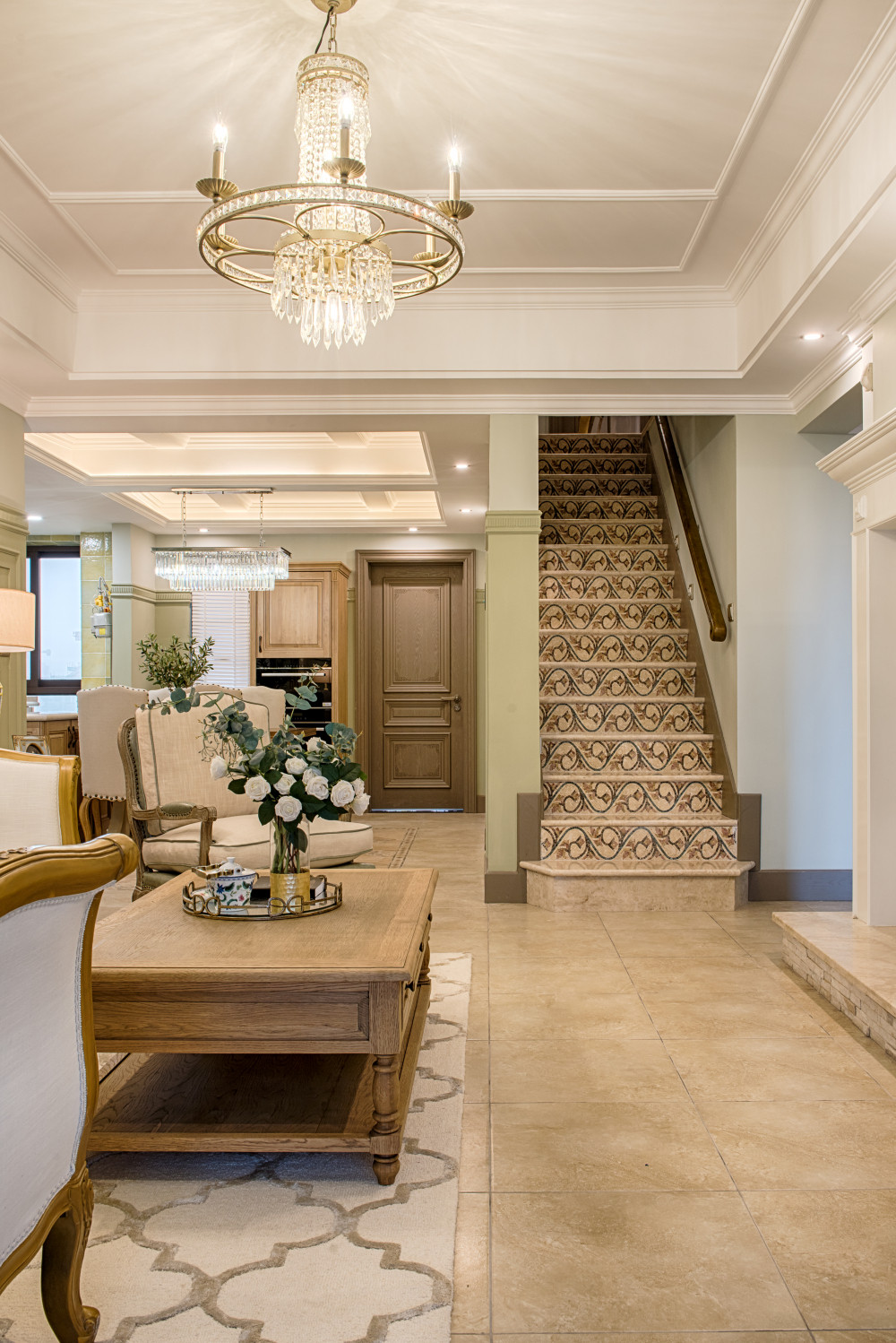 二居室装修,140平米以上装修,20万以上装修,法式风格,客厅,楼梯,咖啡色