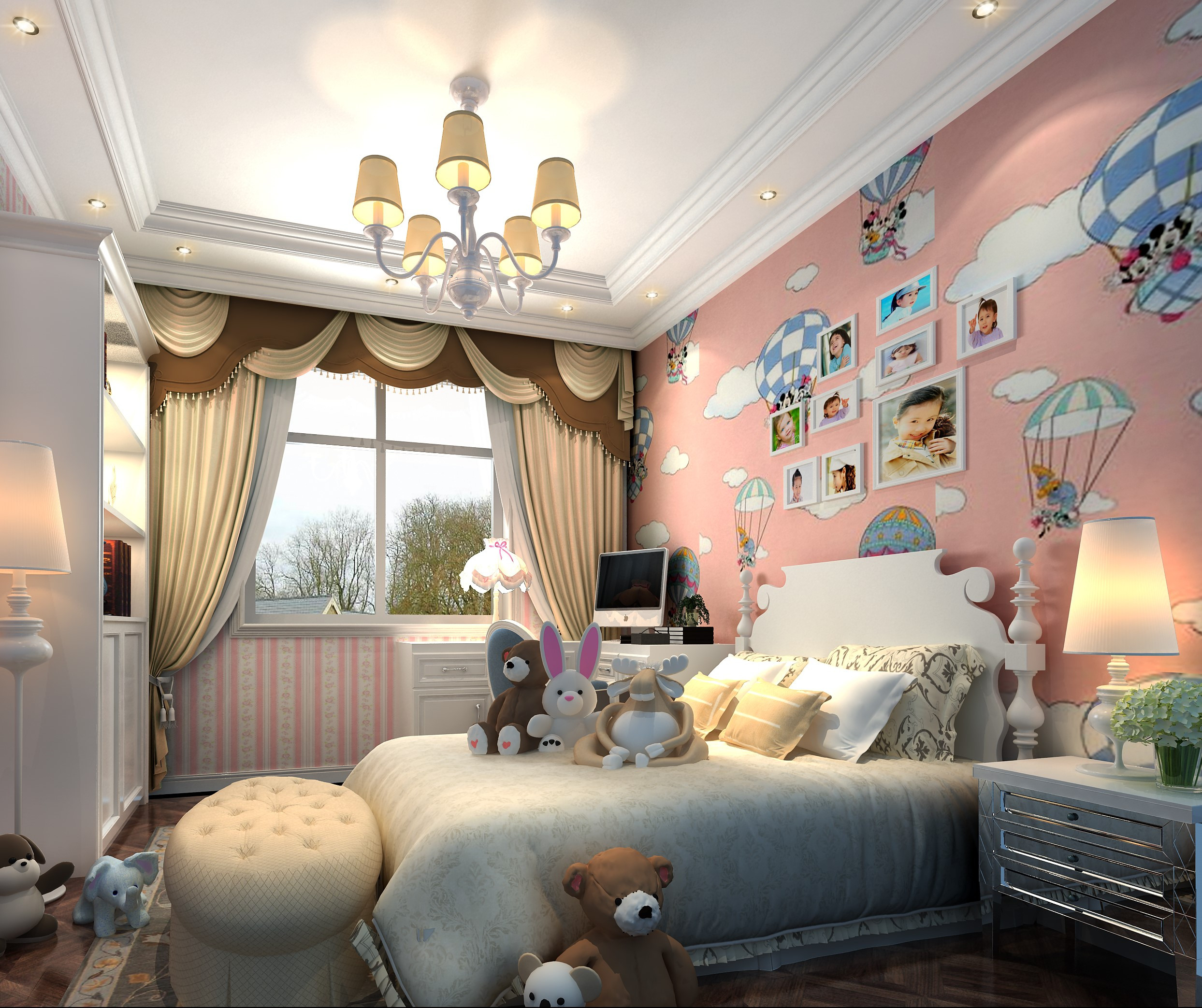 别墅装修,豪华型装修,140平米以上装修,儿童房,照片墙,欧式风格,粉色
