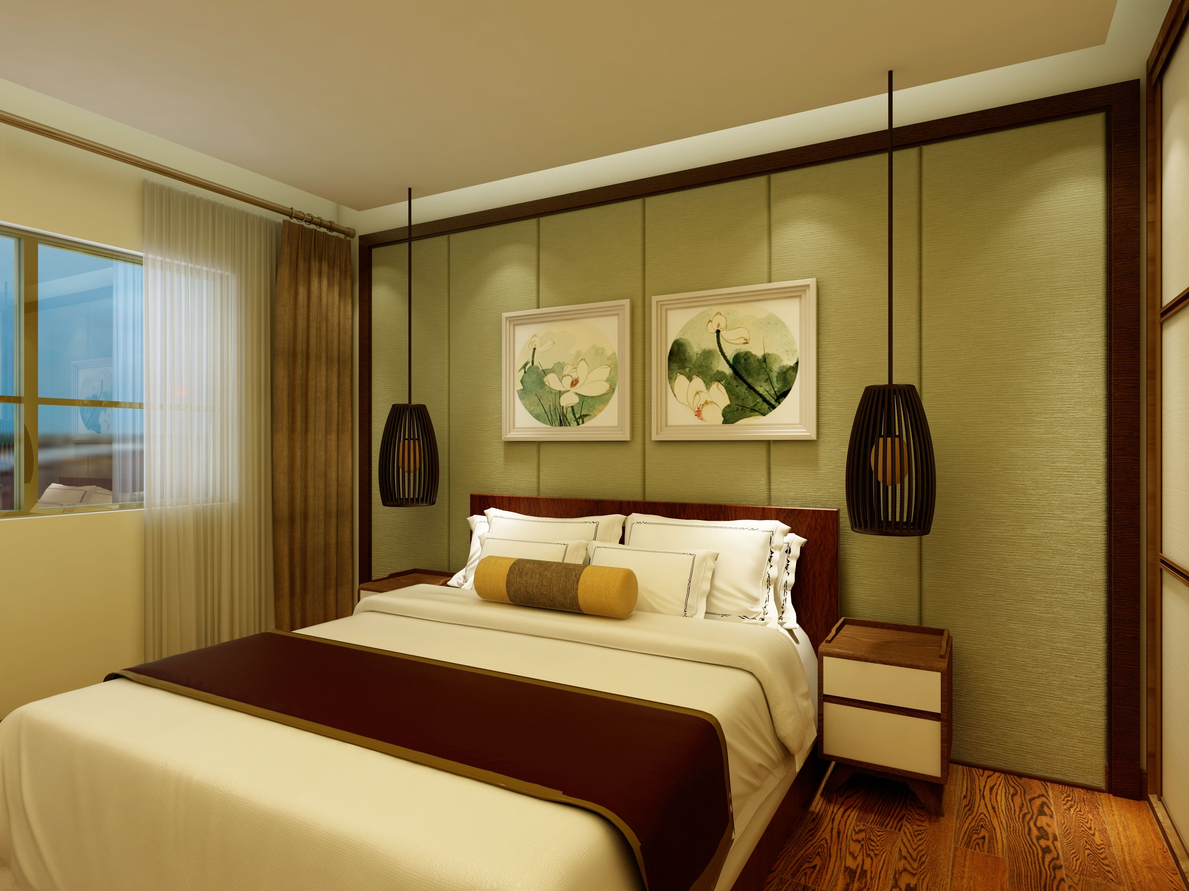 中式风格,三居室装修,140平米以上装修,20万以上装修,卧室,窗帘,背景墙,绿色