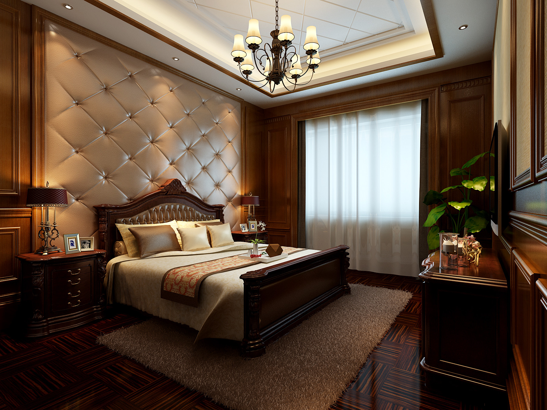 美式风格,四房装修,140平米以上装修,豪华型装修,卧室,床头软包,咖啡色