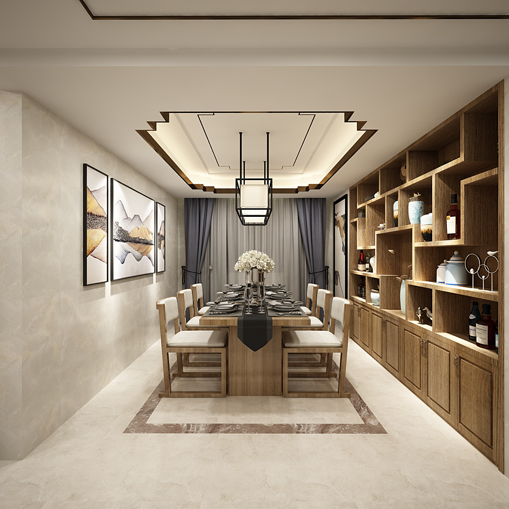 中式风格,四房装修,140平米以上装修,15-20万装修,餐厅,餐桌,白色,餐厅背景墙