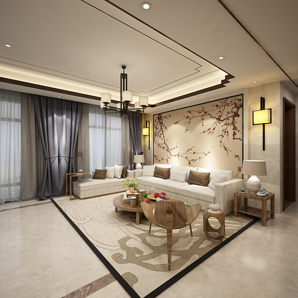 中式风格,四房装修,140平米以上装修,15-20万装修,客厅,沙发背景墙,沙发,暖色调
