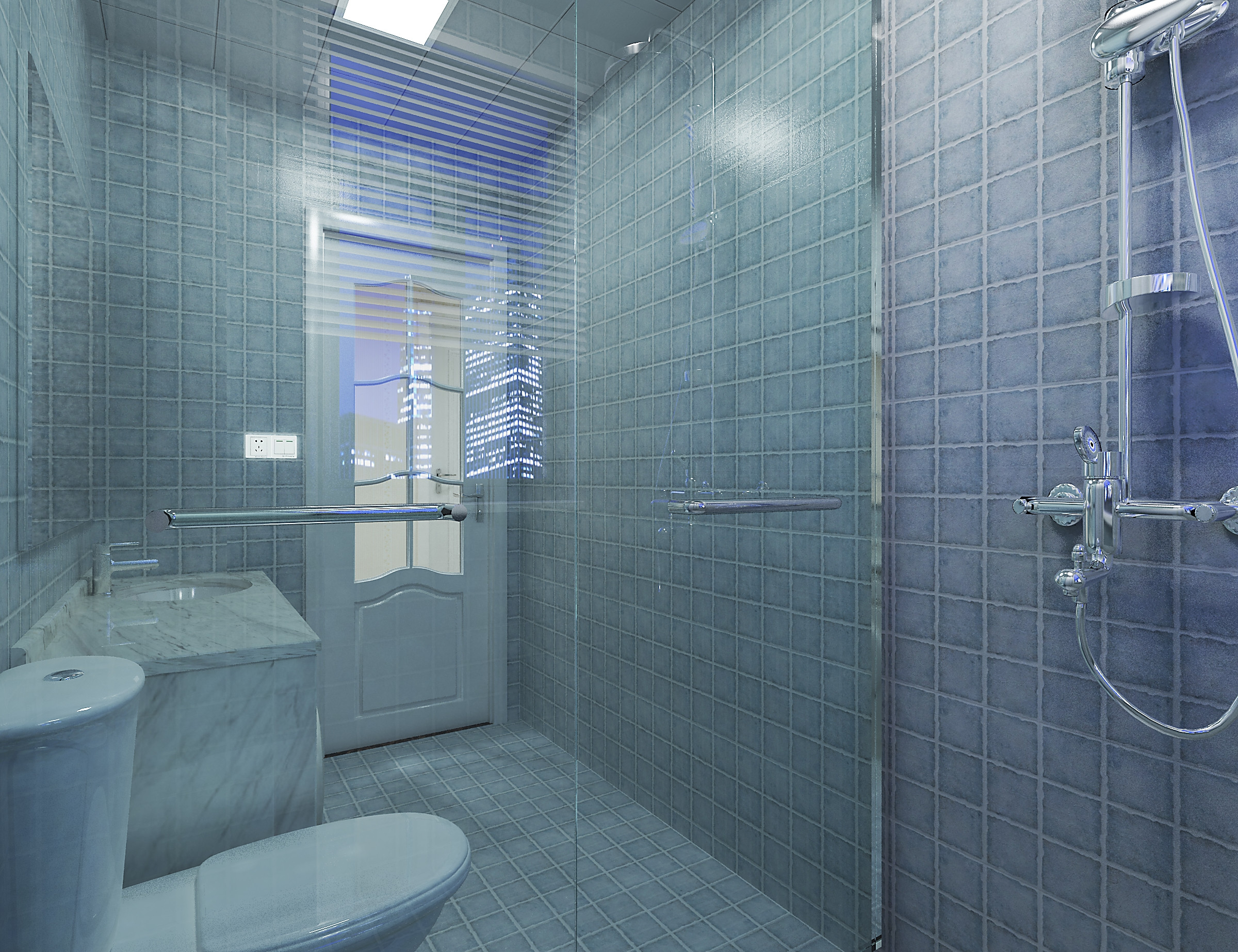地中海风格,15-20万装修,120平米装修,三居室装修,卫生间,隔断,淋浴房,蓝色,瓷砖