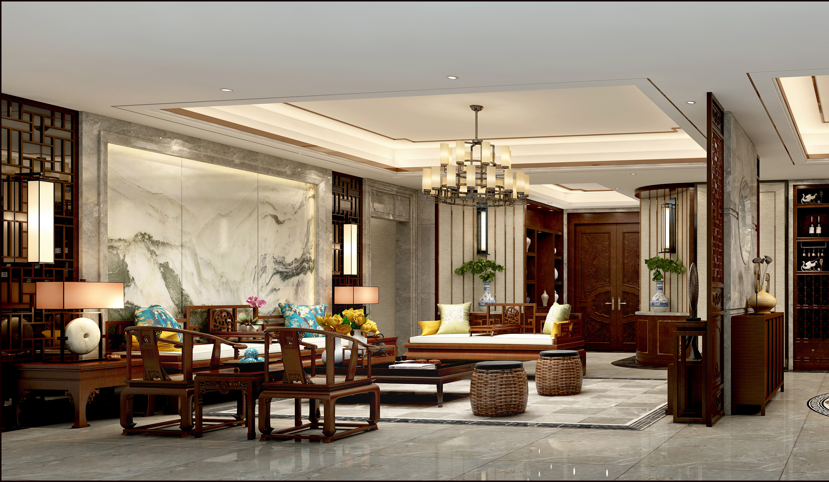 中式风格,四房装修,20万以上装修,140平米以上装修,客厅,沙发背景墙,吊顶,椅子,灰色