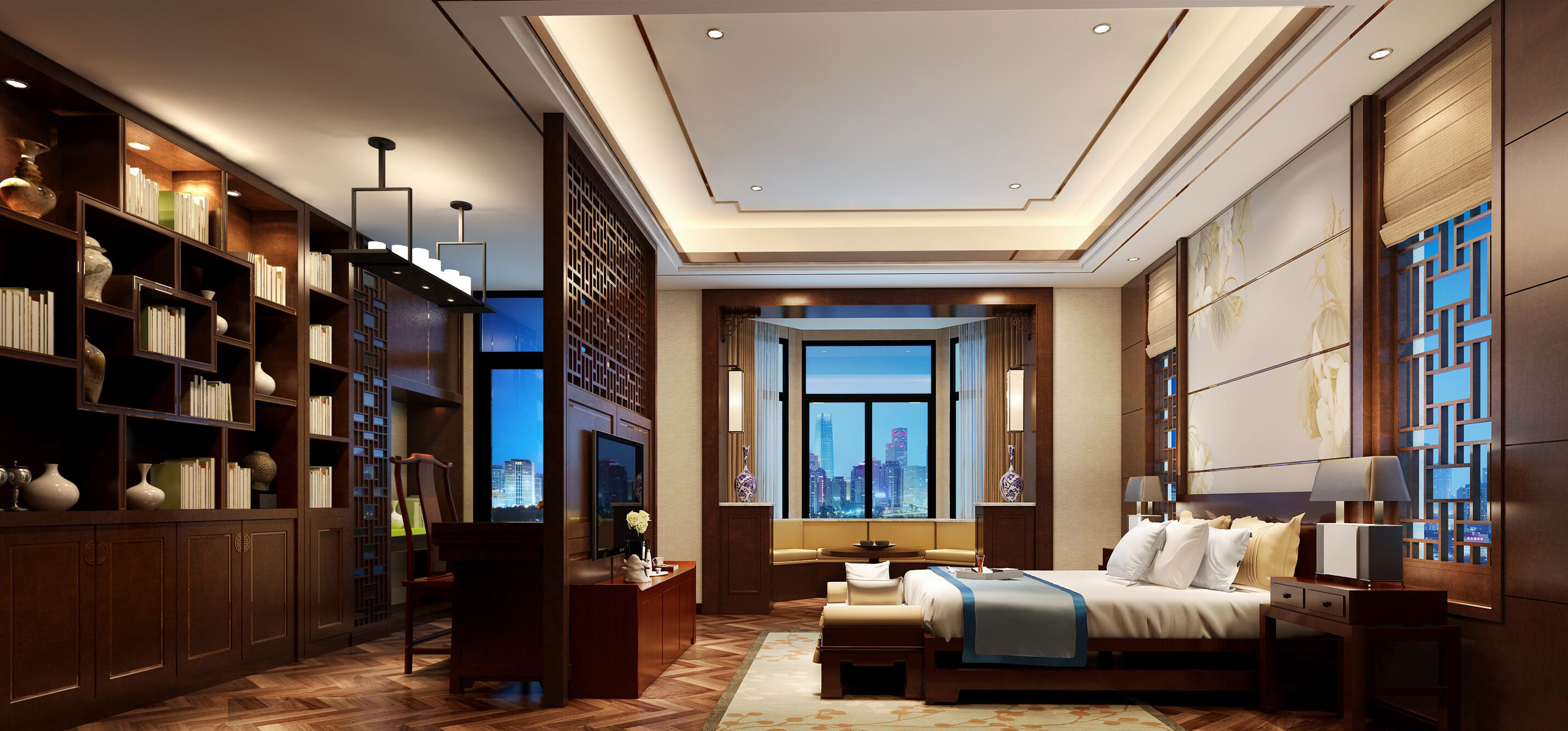 中式风格,四房装修,20万以上装修,140平米以上装修,卧室,隔断,书柜,褐色