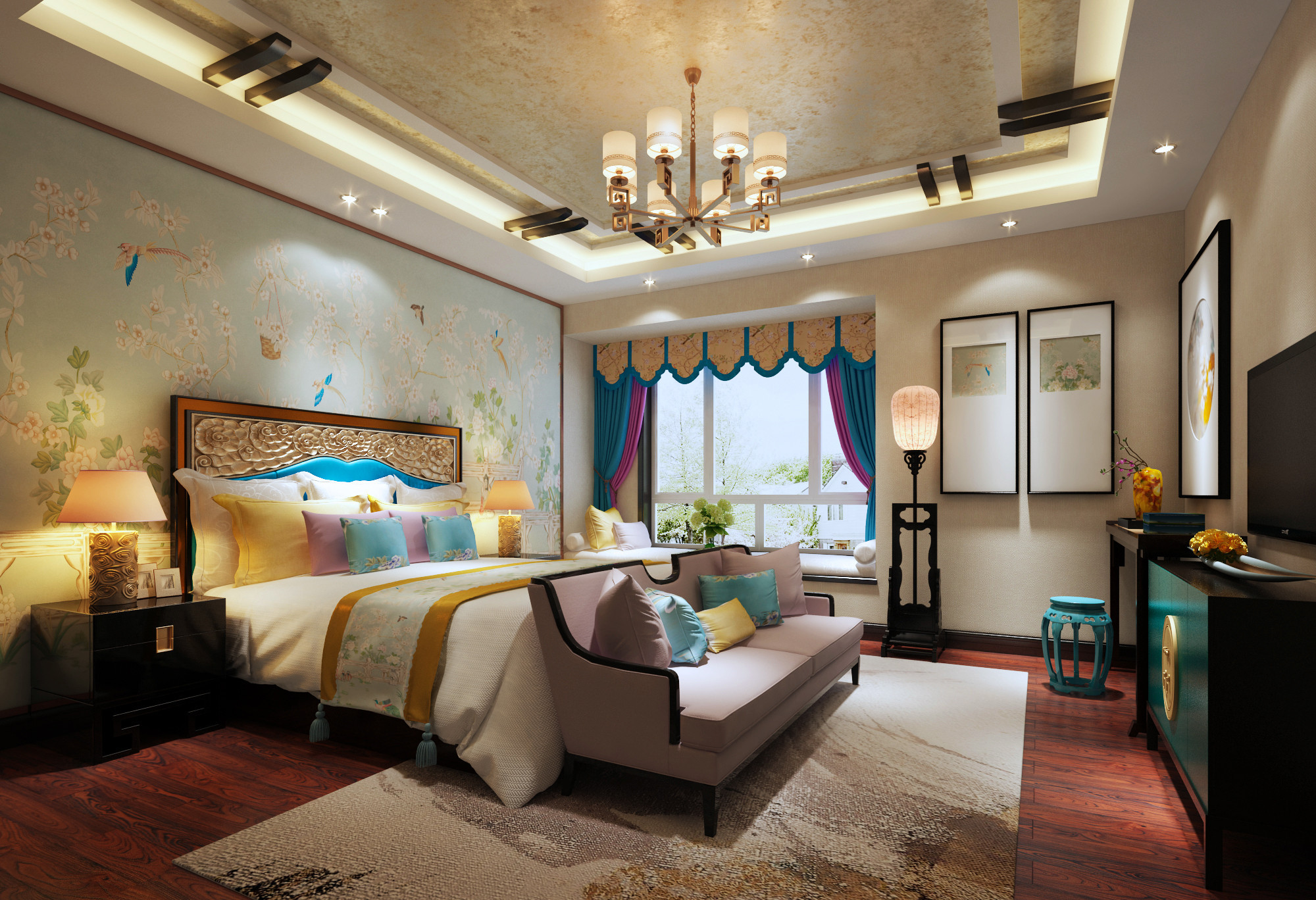 中式风格,四房装修,140平米以上装修,豪华型装修,卧室,卧室背景墙,暖色调
