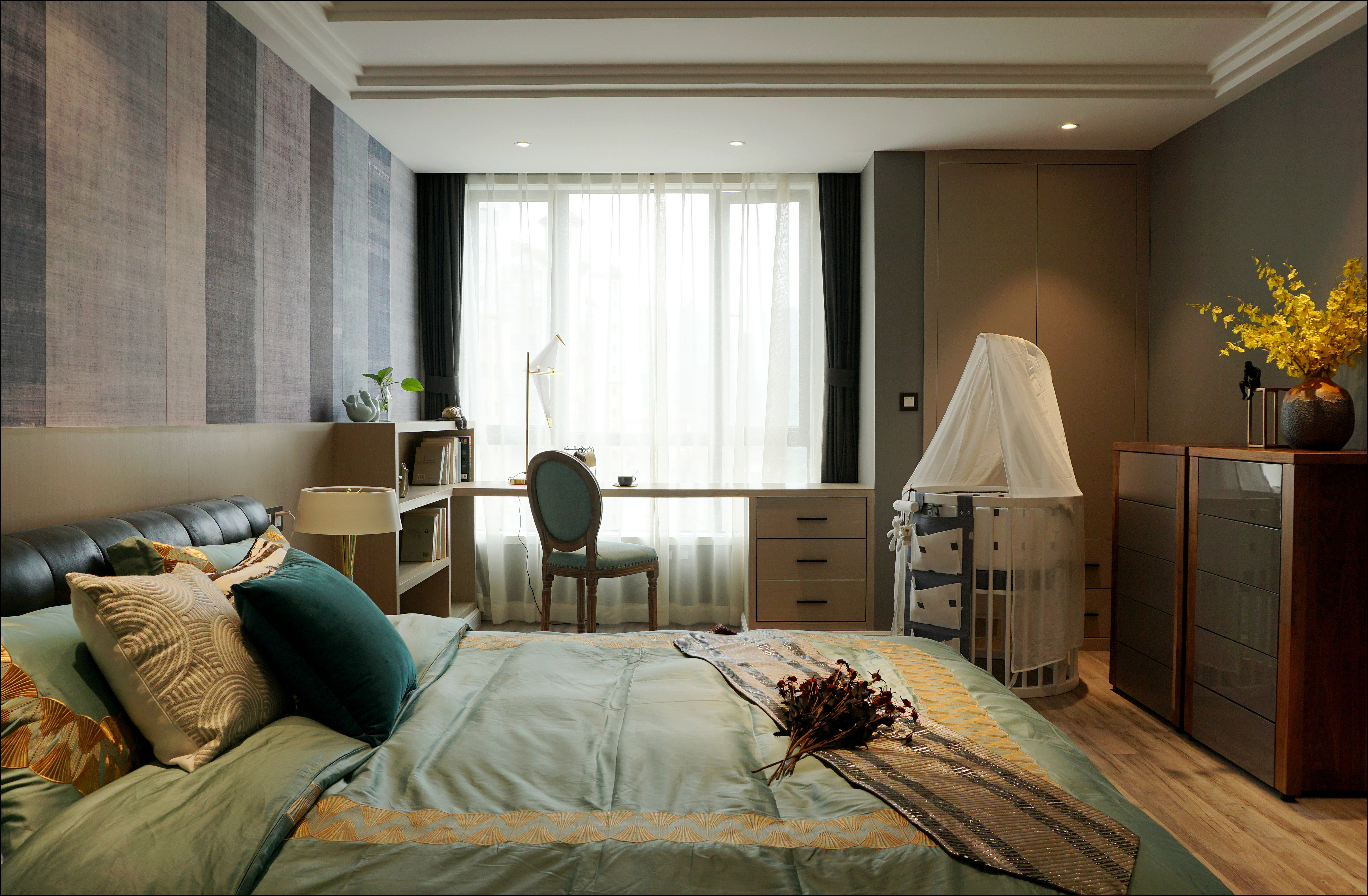 四房装修,20万以上装修,140平米以上装修,卧室,现代简约风格,床上用品,绿色