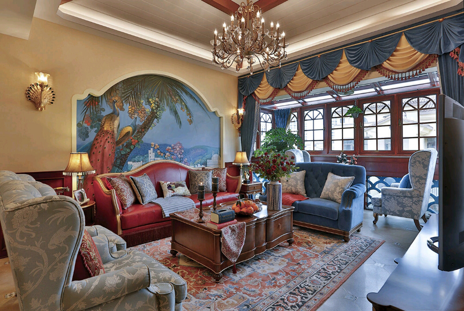 美式风格,140平米以上装修,20万以上装修,大户型,客厅,沙发,沙发背景墙,蓝色