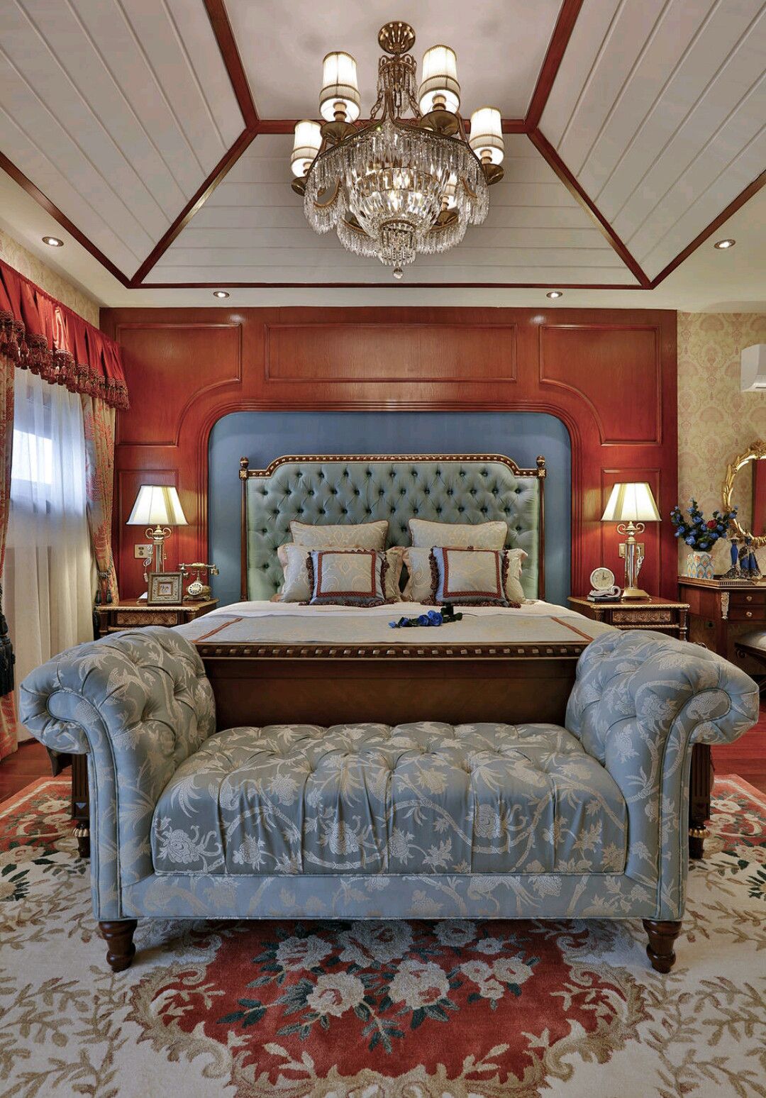 美式风格,140平米以上装修,20万以上装修,大户型,卧室,床头软包,蓝色