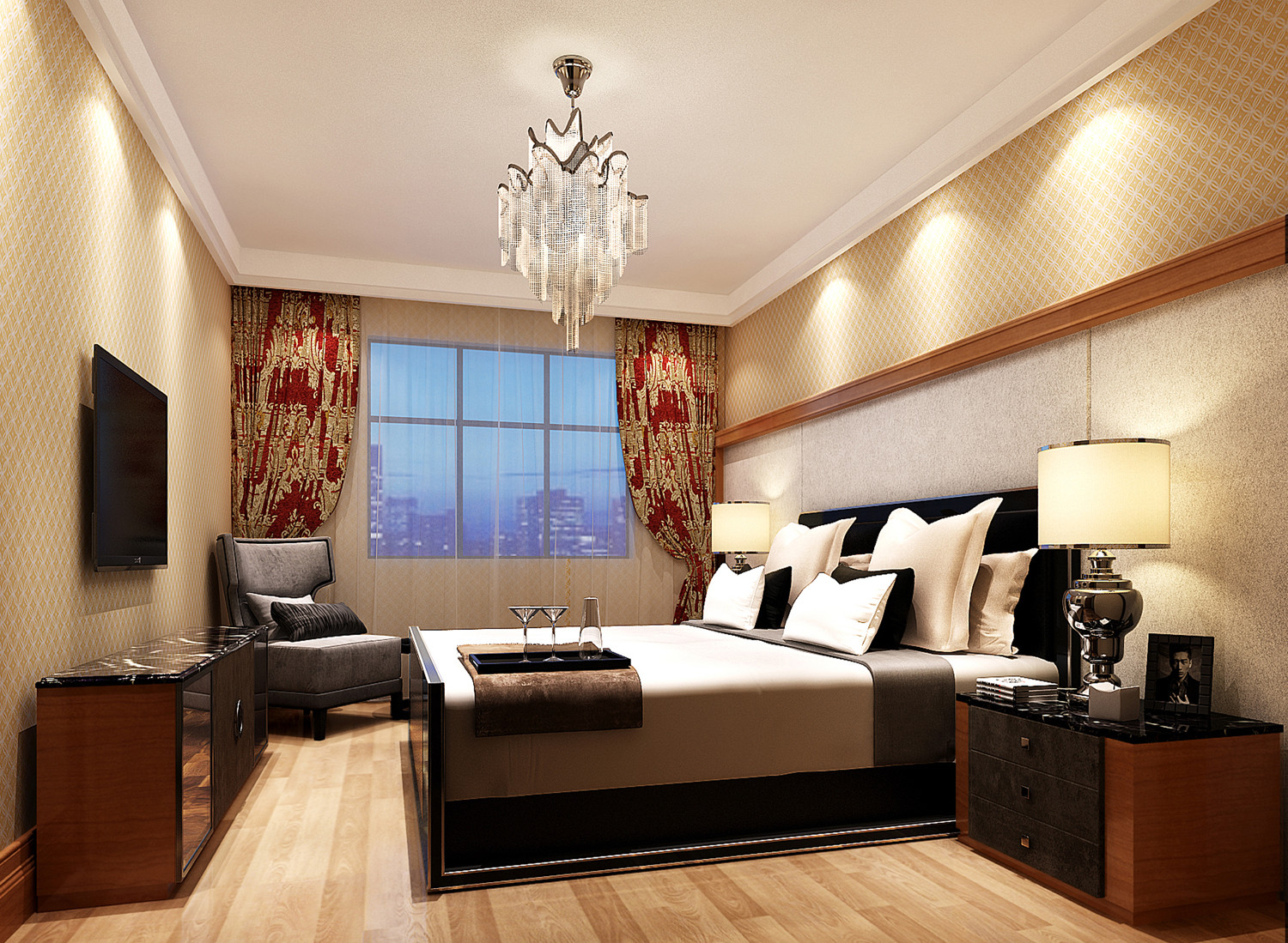 中式风格,140平米以上装修,20万以上装修,复式装修,卧室,电视背景墙,床头柜,暖色调