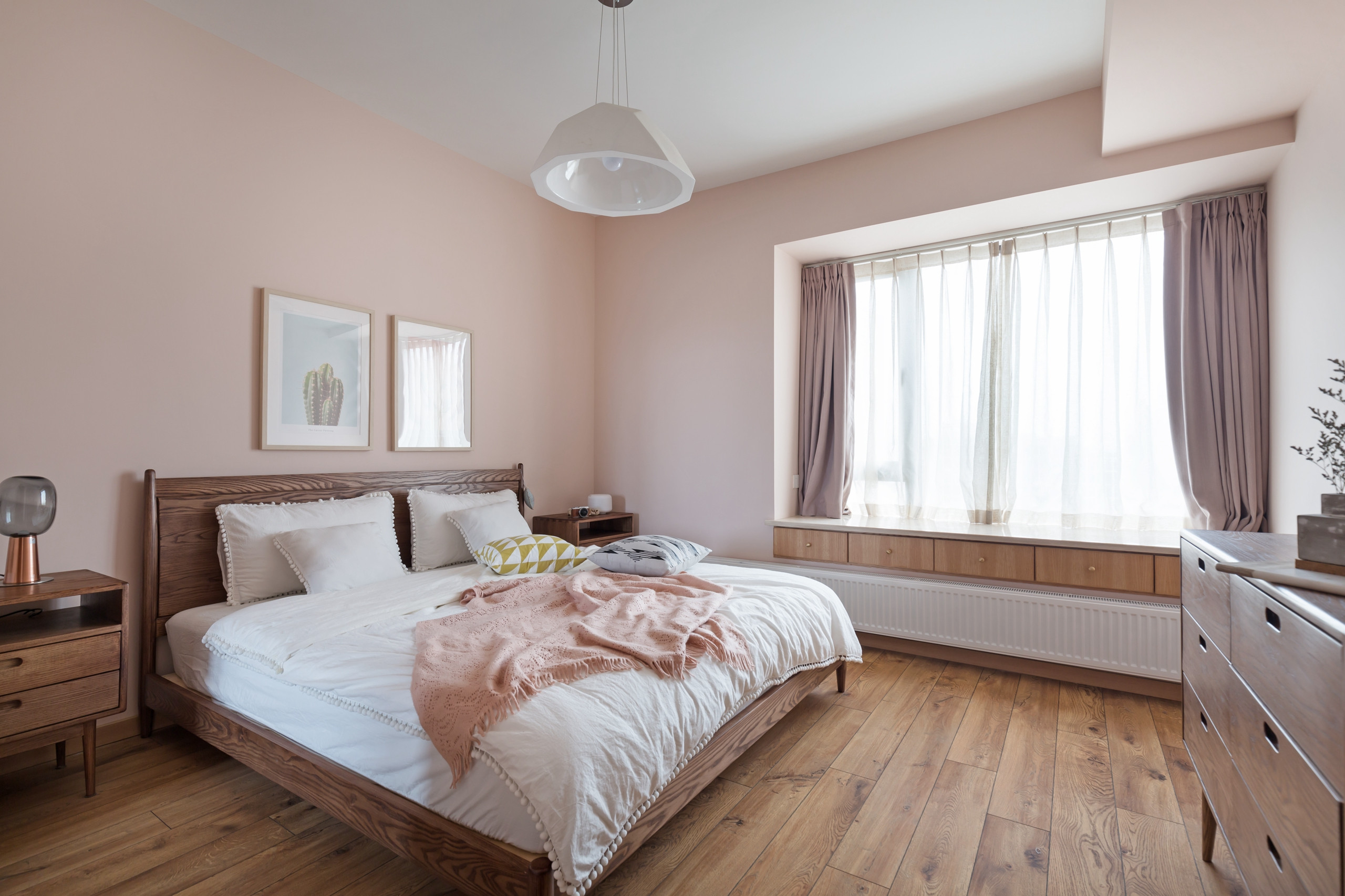 三居室装修,120平米装修,10-15万装修,卧室,北欧风格,卧室背景墙,粉色