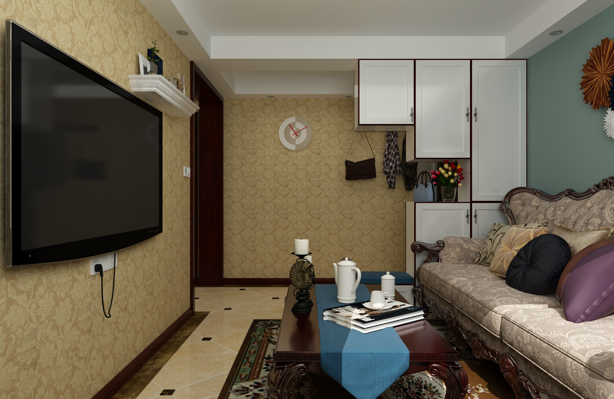 美式风格,一居室装修,70平米装修,15-20万装修,客厅,电视背景墙,茶几