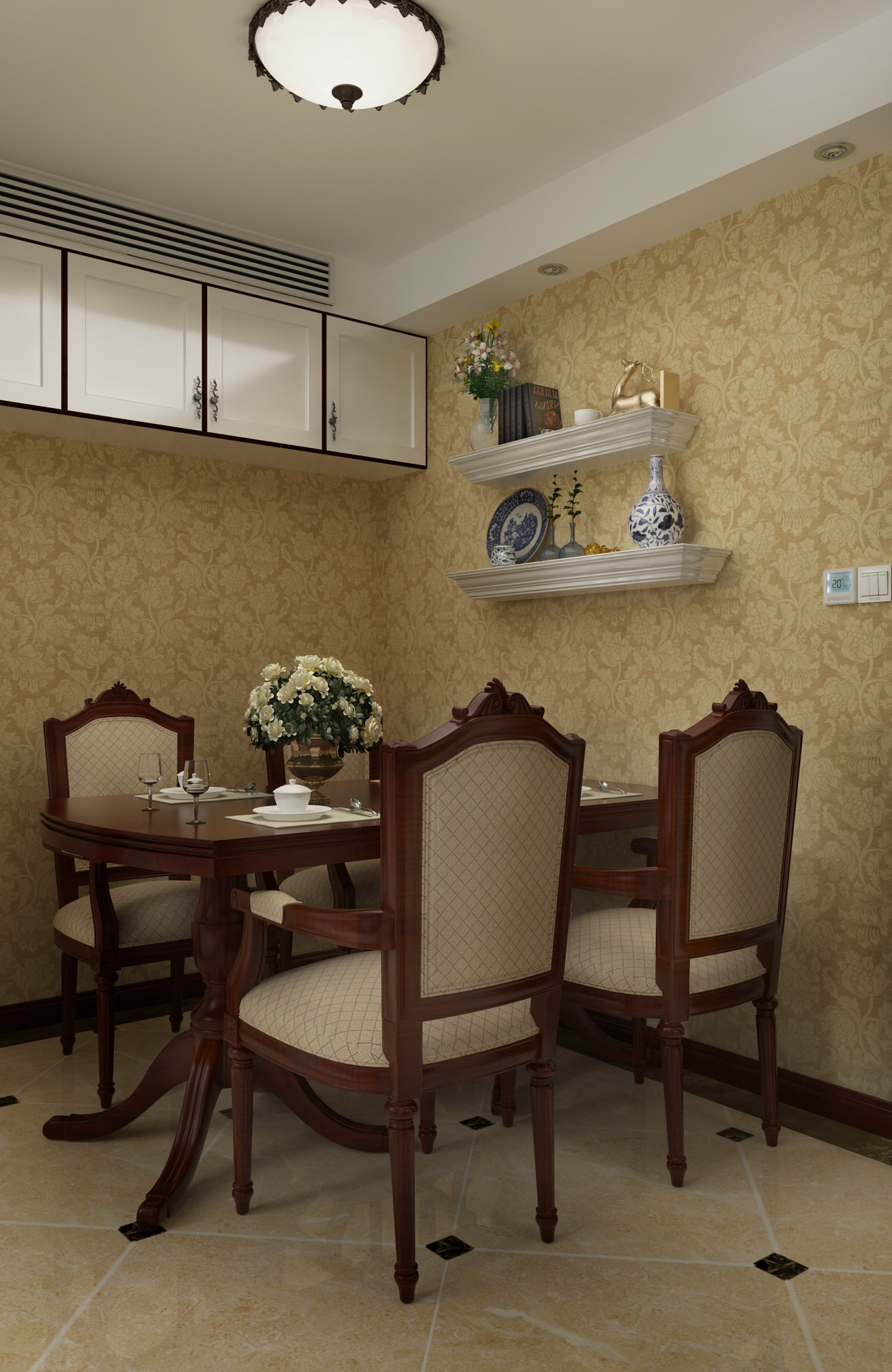 美式风格,一居室装修,70平米装修,15-20万装修,餐厅,壁纸,餐桌,餐厅背景墙,黄色