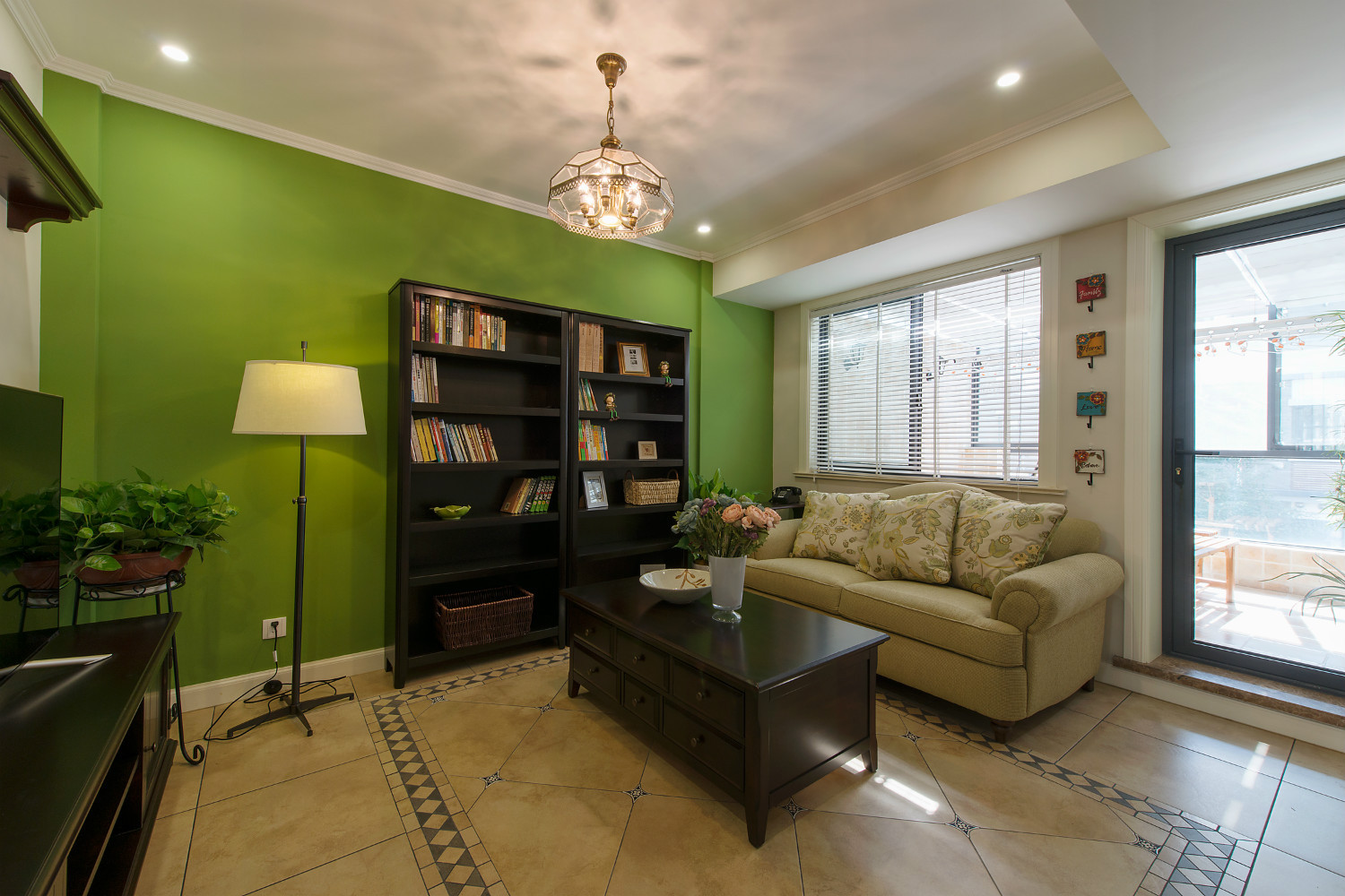 美式风格,140平米以上装修,20万以上装修,复式装修,客厅,书柜,背景墙,沙发,绿色