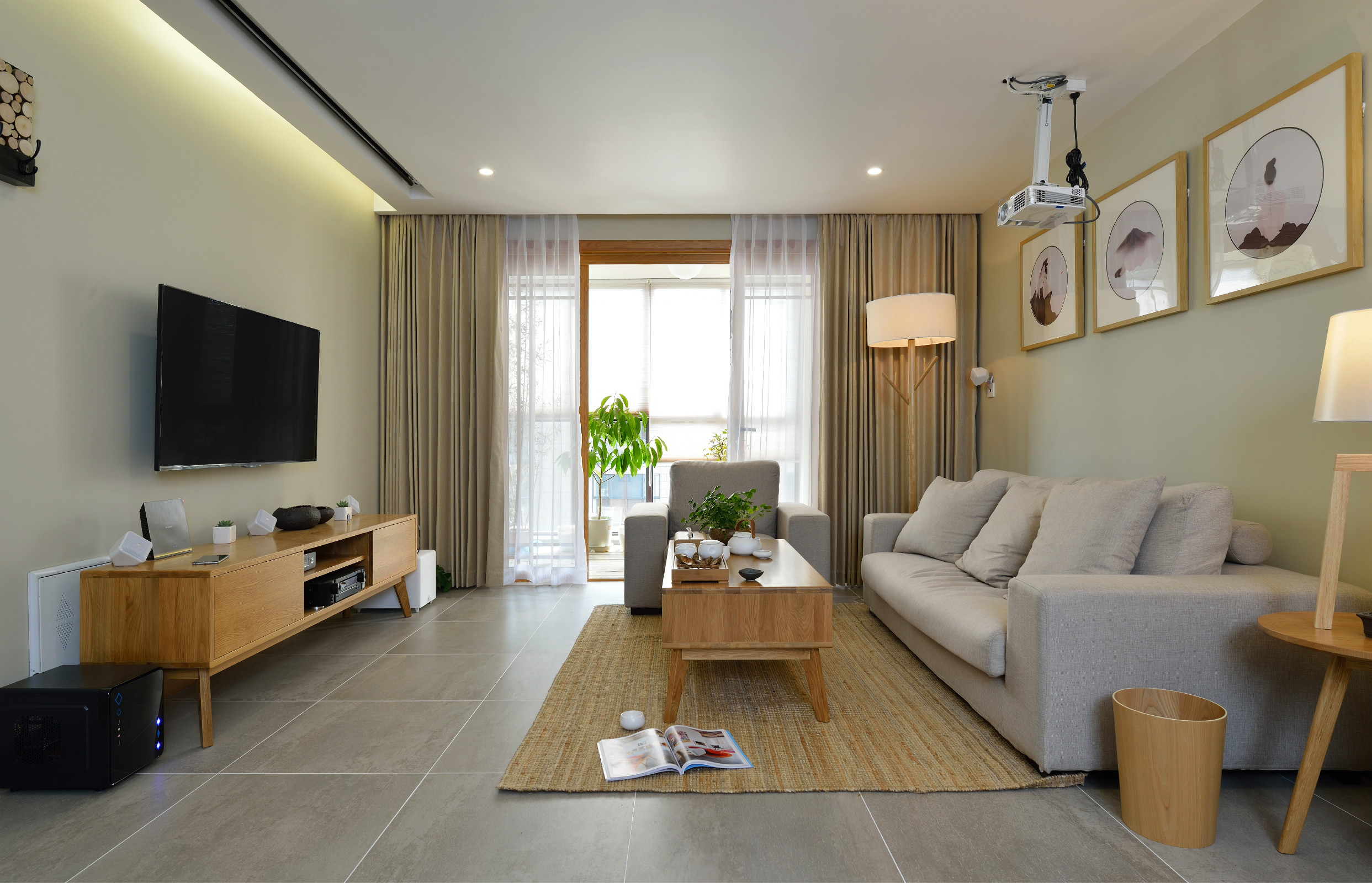 日式风格,三居室装修,20万以上装修,120平米装修,客厅,沙发,沙发背景墙,电视柜,灰色