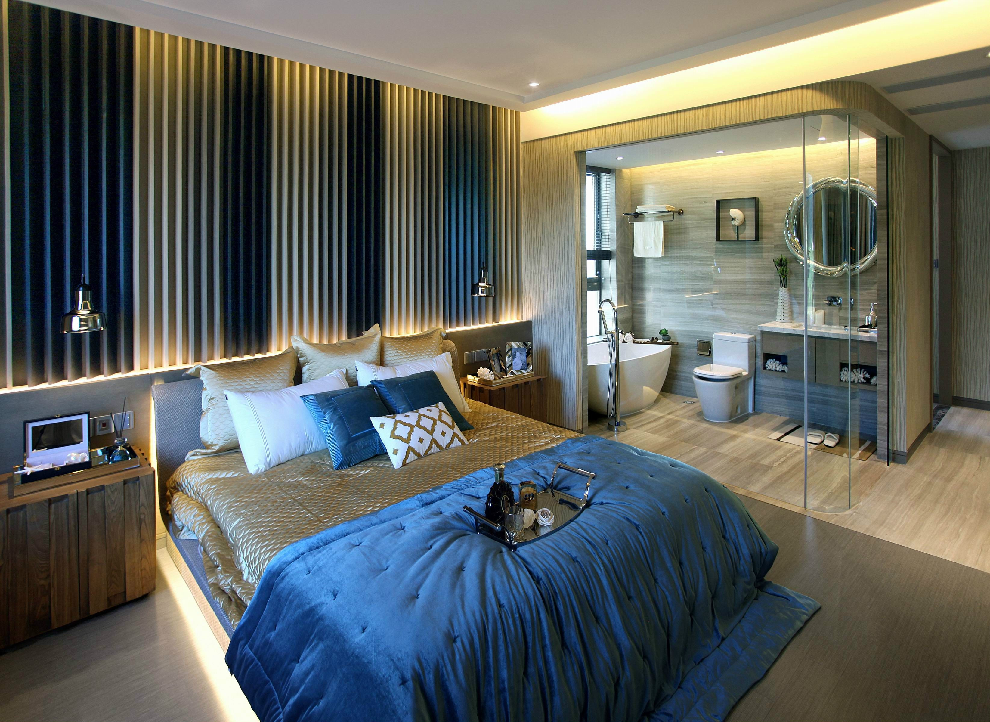 简约风格,二居室装修,110平米装修,20万以上装修,卧室,卧室背景墙,床上用品,蓝色