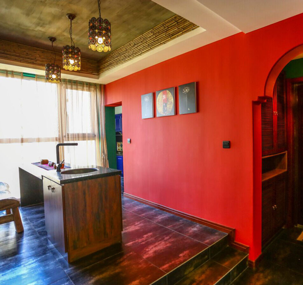 三居室装修,20万以上装修,140平米以上装修,餐厅,东南亚风格,餐厅背景墙,红色