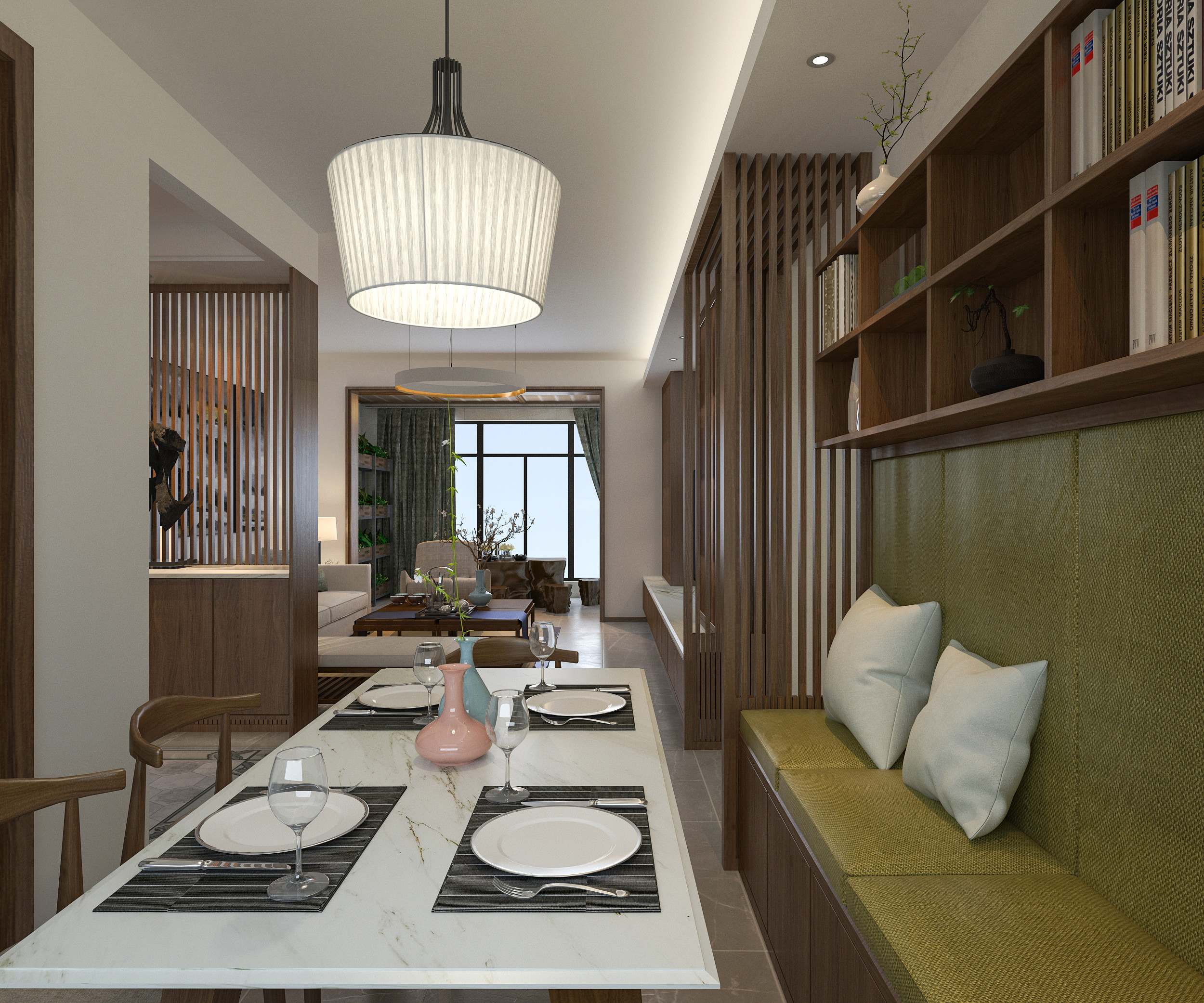 中式风格,20万以上装修,130平米装修,三居室装修,餐厅,餐桌,卡座,绿色