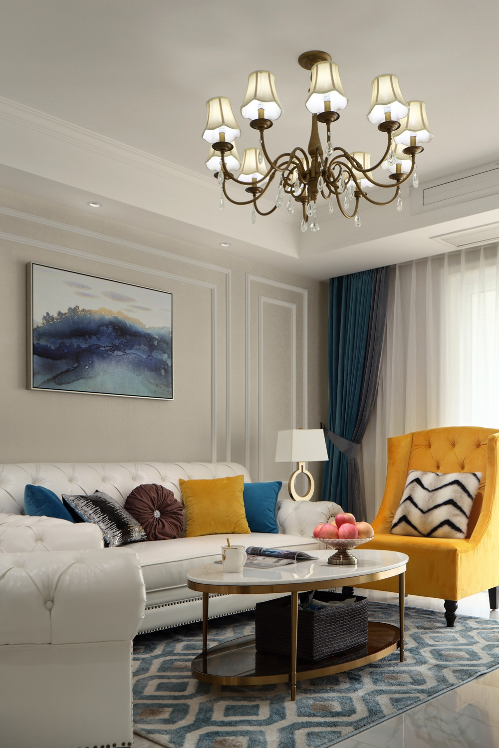 美式风格,四房装修,120平米装修,20万以上装修,客厅,沙发背景墙,灯具,金色