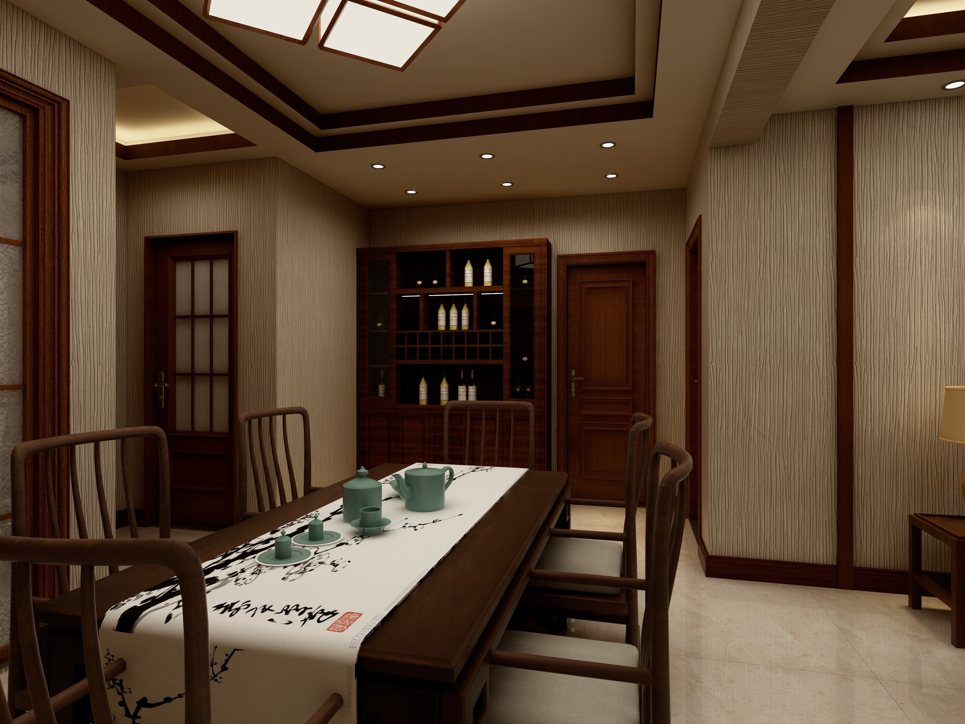 中式风格,20万以上装修,三居室装修,110平米装修,餐厅,餐桌,咖啡色