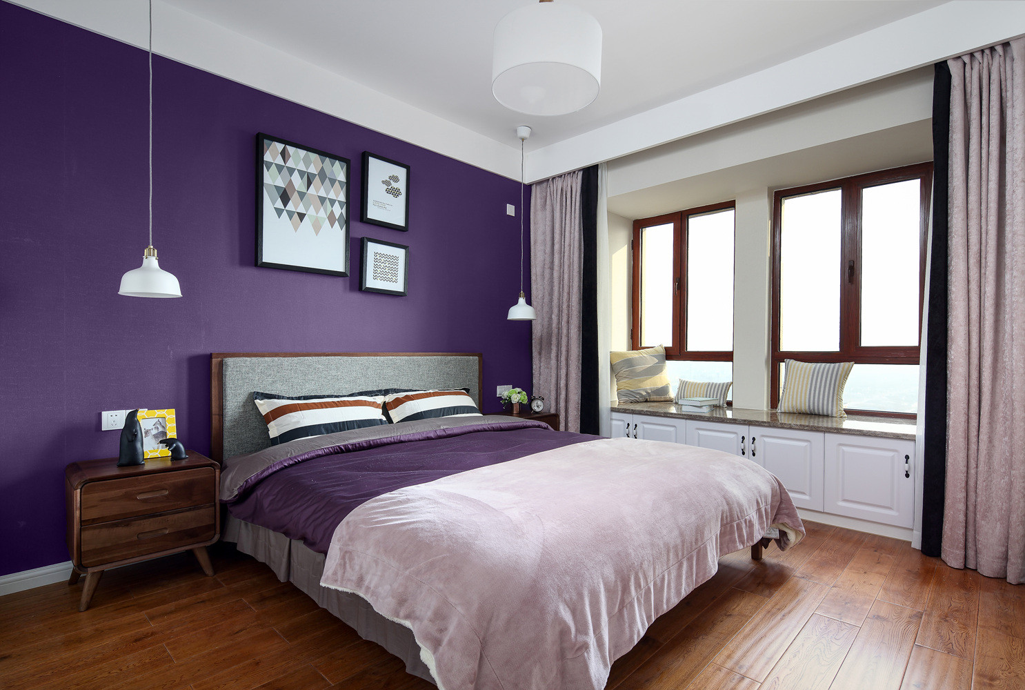 20万以上装修,三居室装修,140平米以上装修,卧室,北欧风格,卧室背景墙,紫色