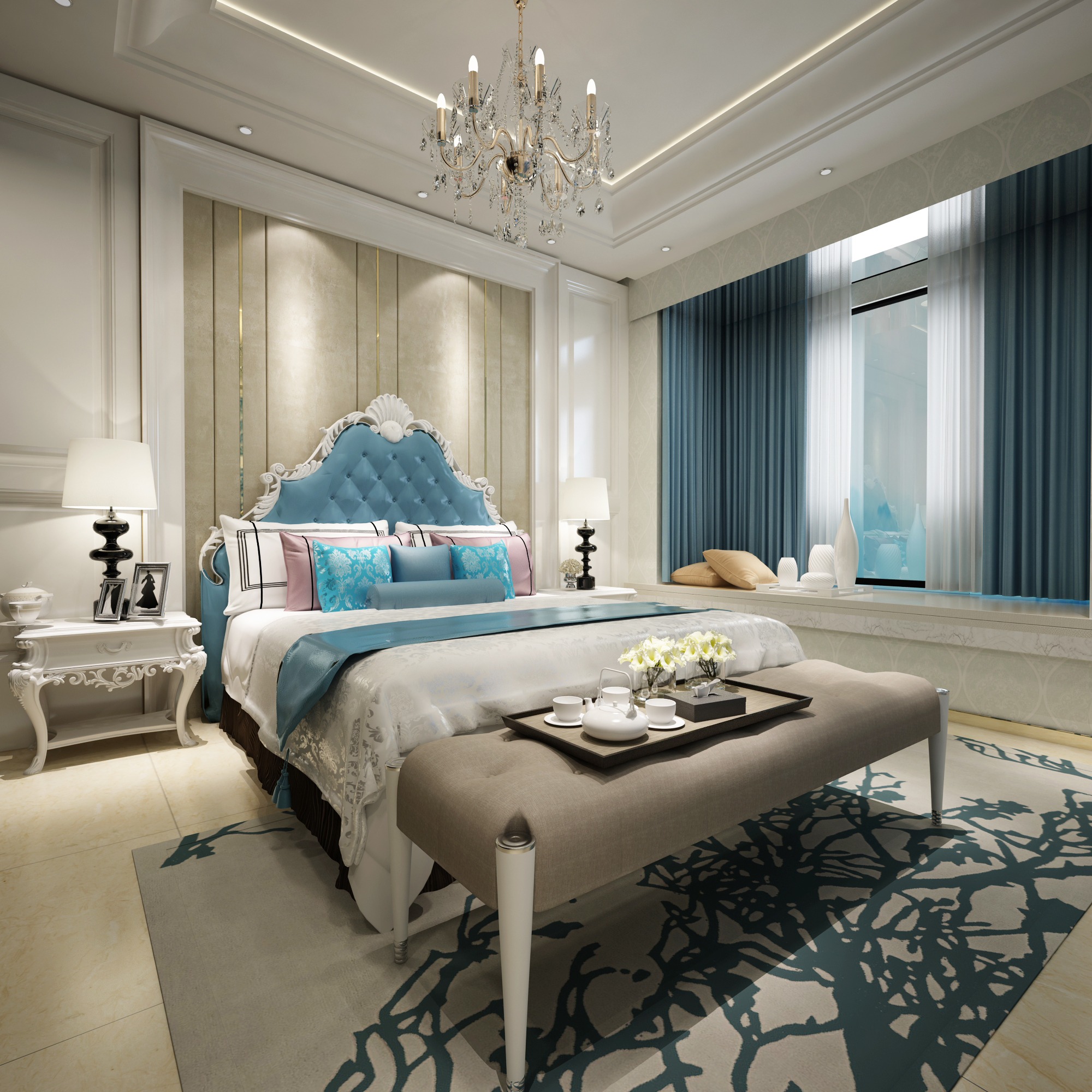 140平米以上装修,豪华型装修,大户型,卧室,欧式风格,飘窗,床上用品,蓝色