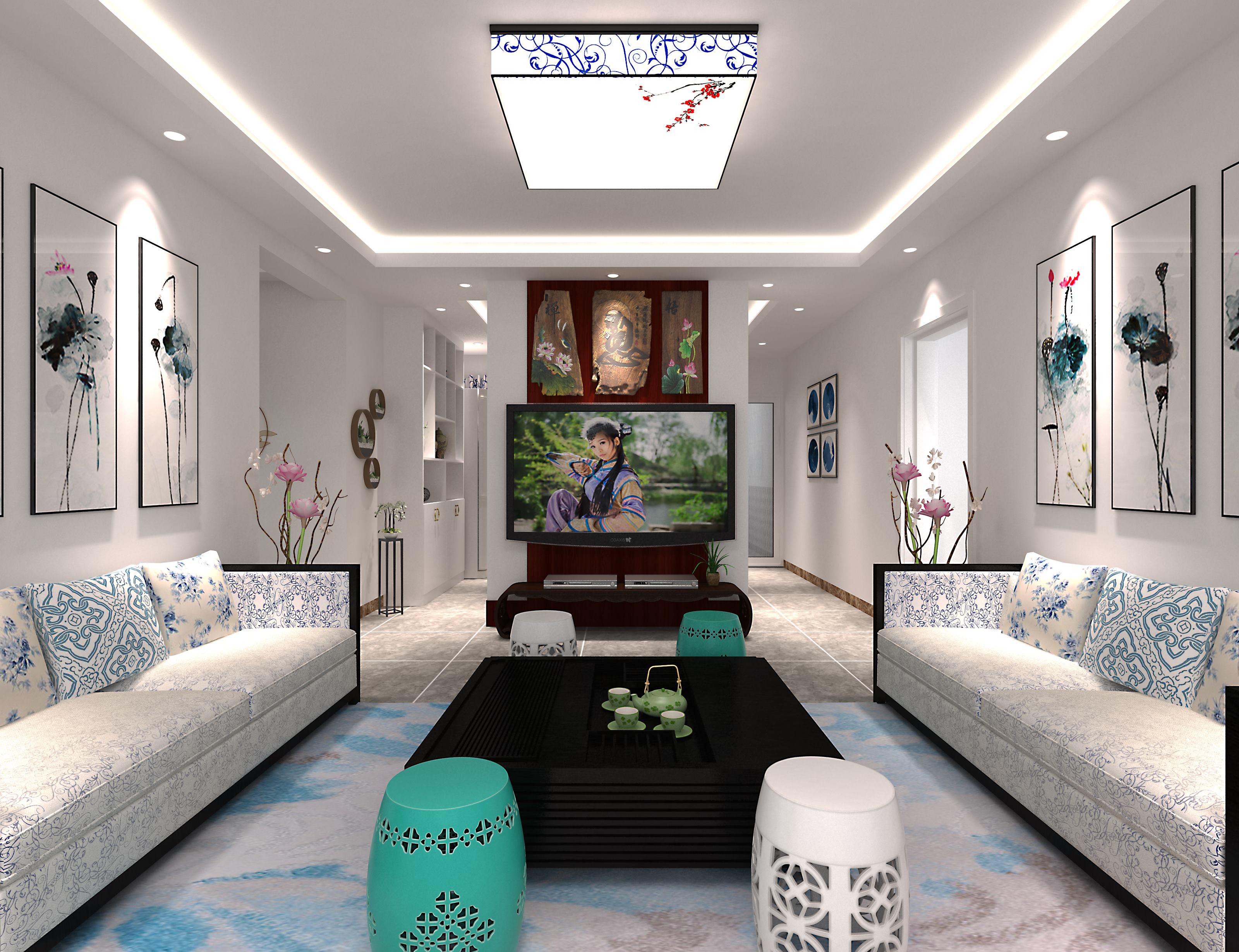 中式风格,三居室装修,15-20万装修,110平米装修,客厅,沙发,装饰画,蓝色