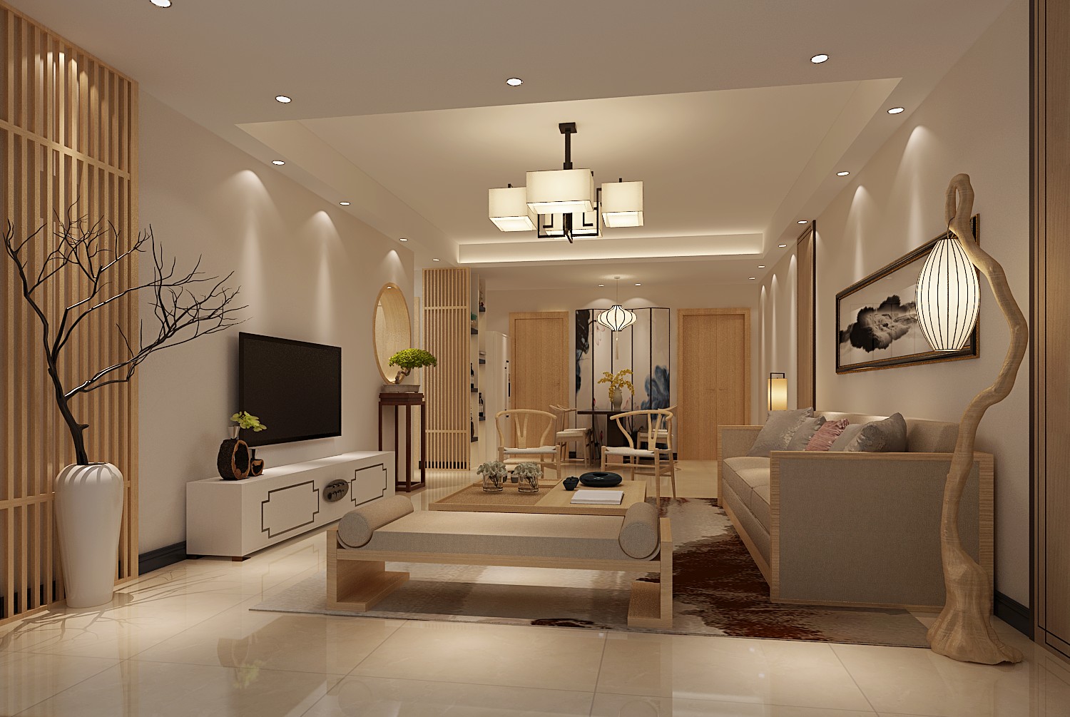 中式风格,三居室装修,110平米装修,20万以上装修,客厅,电视背景墙,白色,原木色,茶几