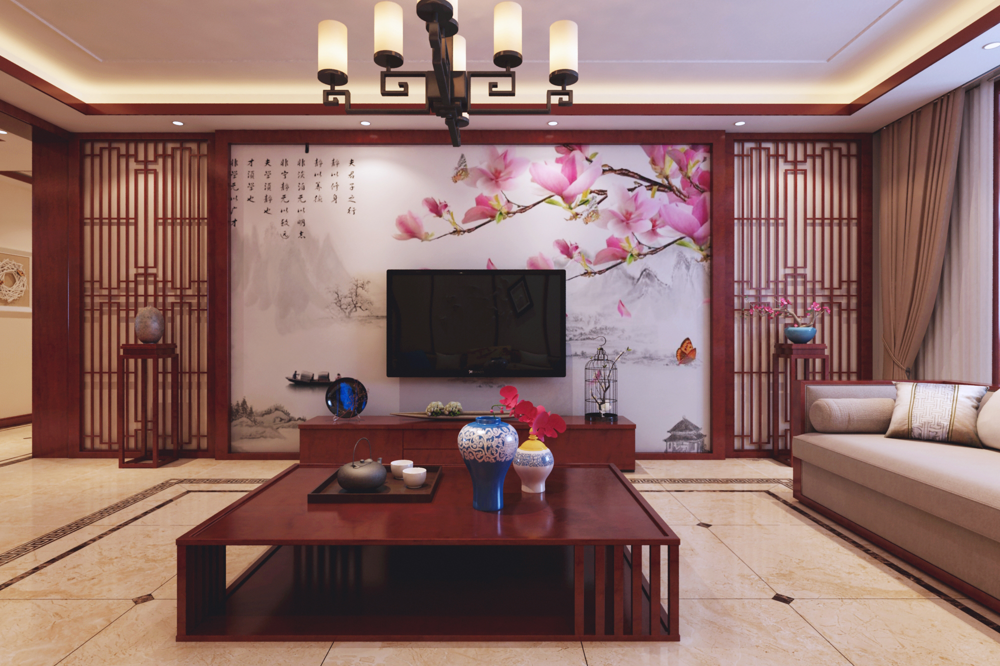 中式风格,140平米以上装修,20万以上装修,大户型,客厅,电视背景墙,白色