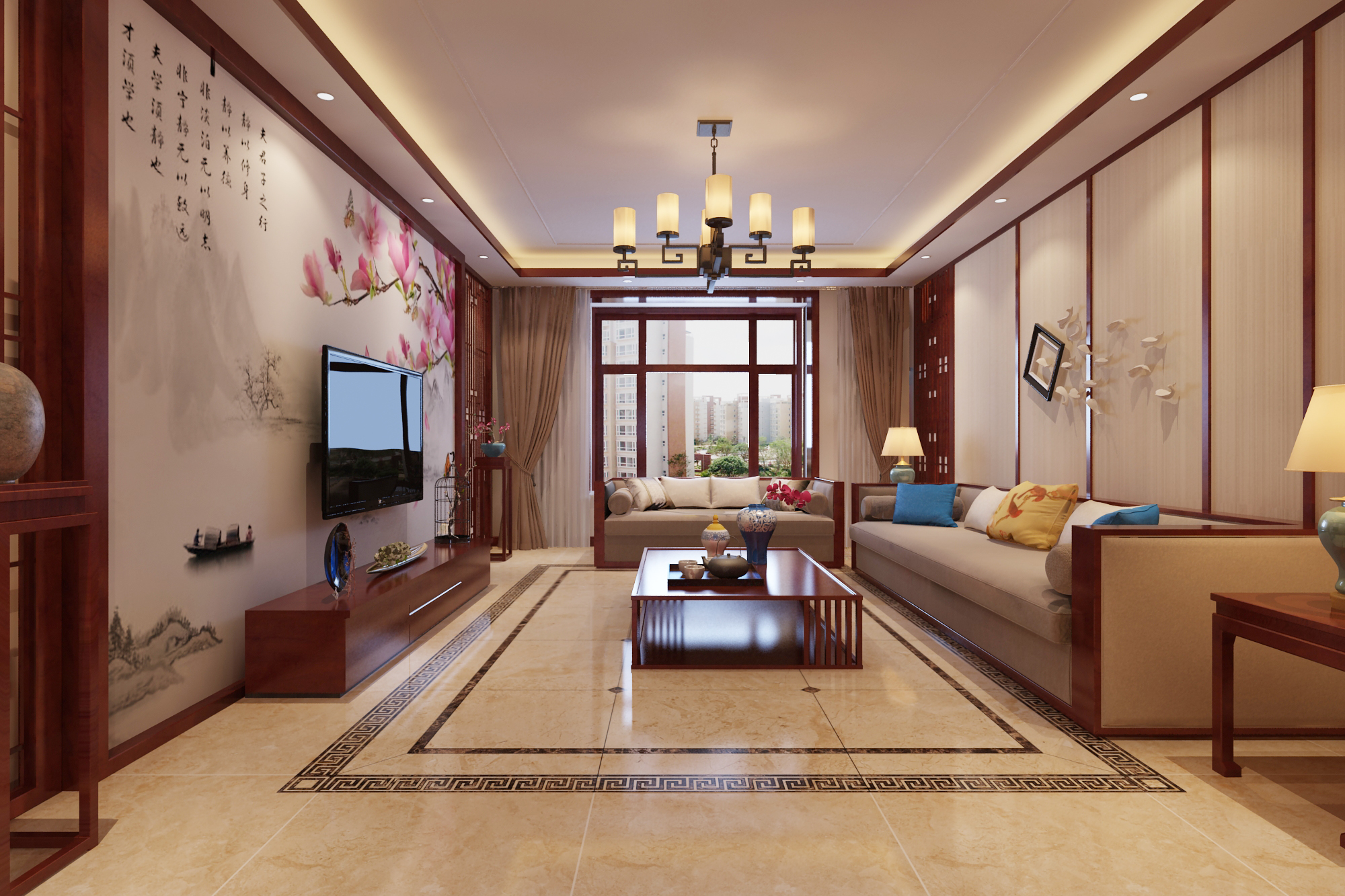 中式风格,140平米以上装修,20万以上装修,大户型,客厅,电视背景墙,沙发背景墙,暖色调