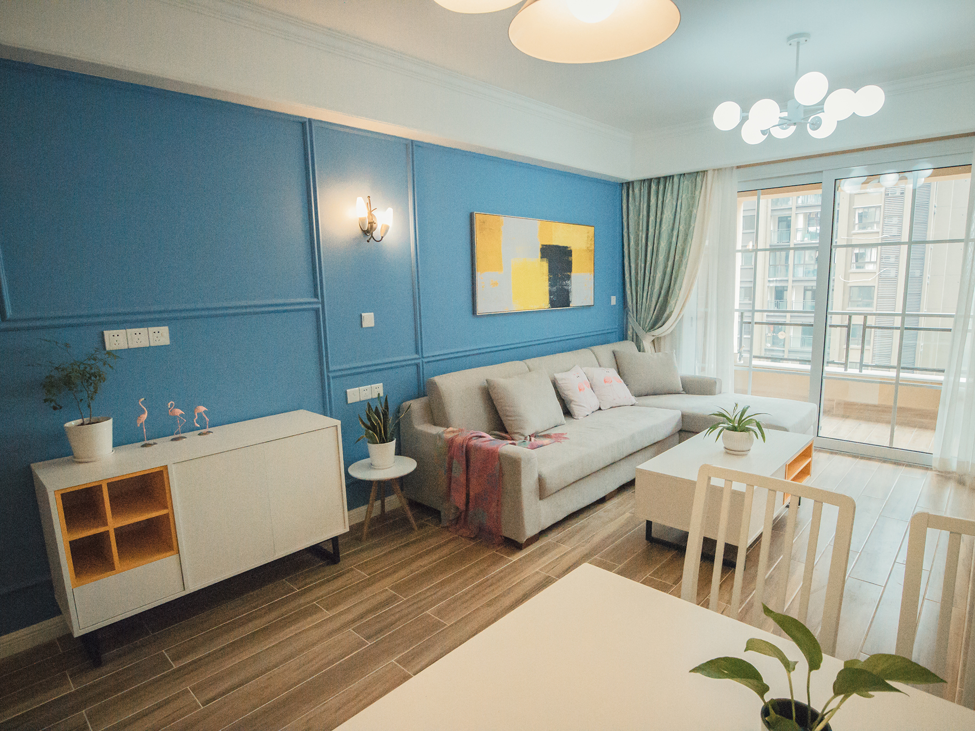 二居室装修,80平米装修,10-15万装修,客厅,北欧风格,沙发背景墙,茶几,蓝色
