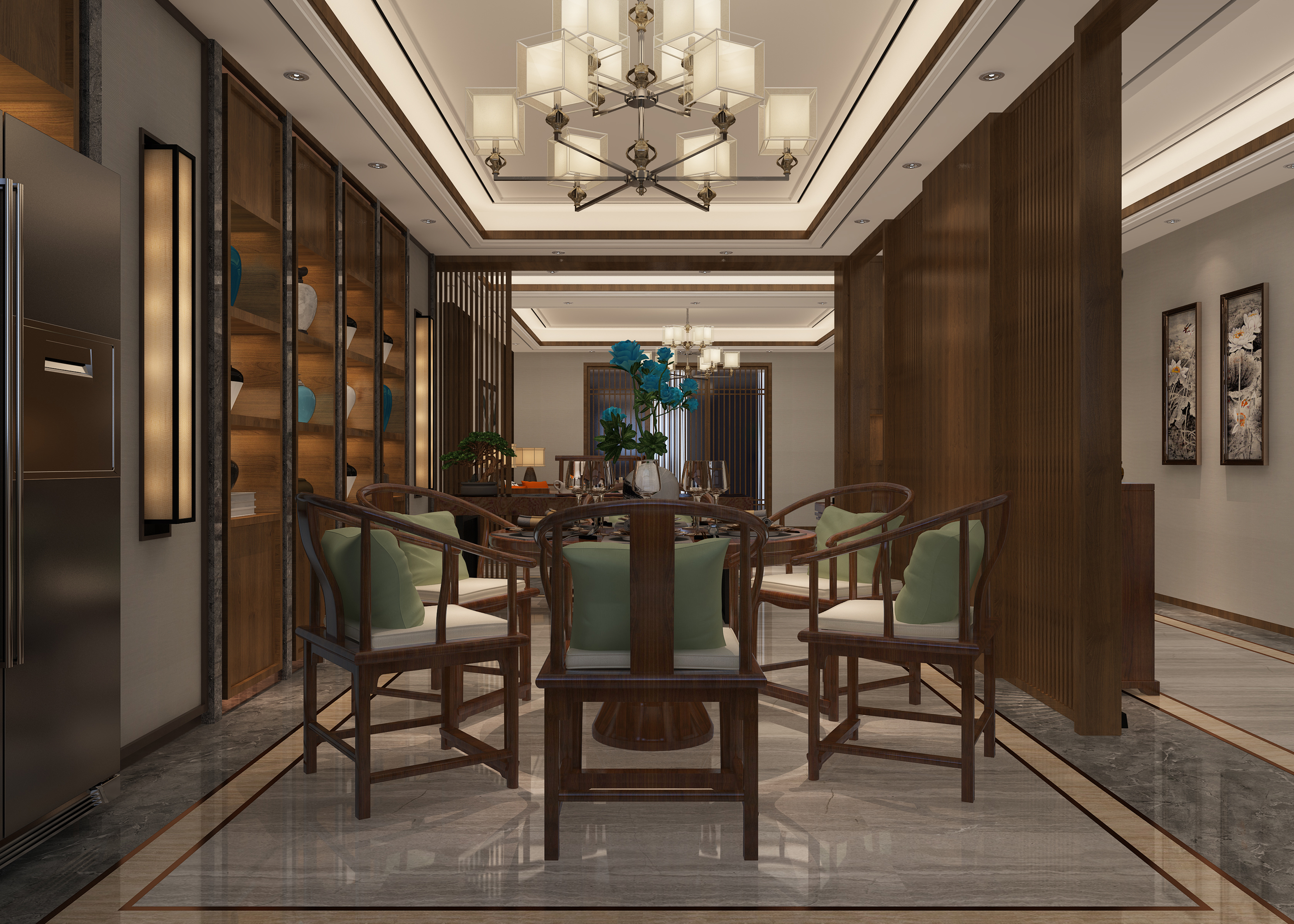中式风格,别墅装修,140平米以上装修,20万以上装修,餐厅,餐桌,吊顶,咖啡色