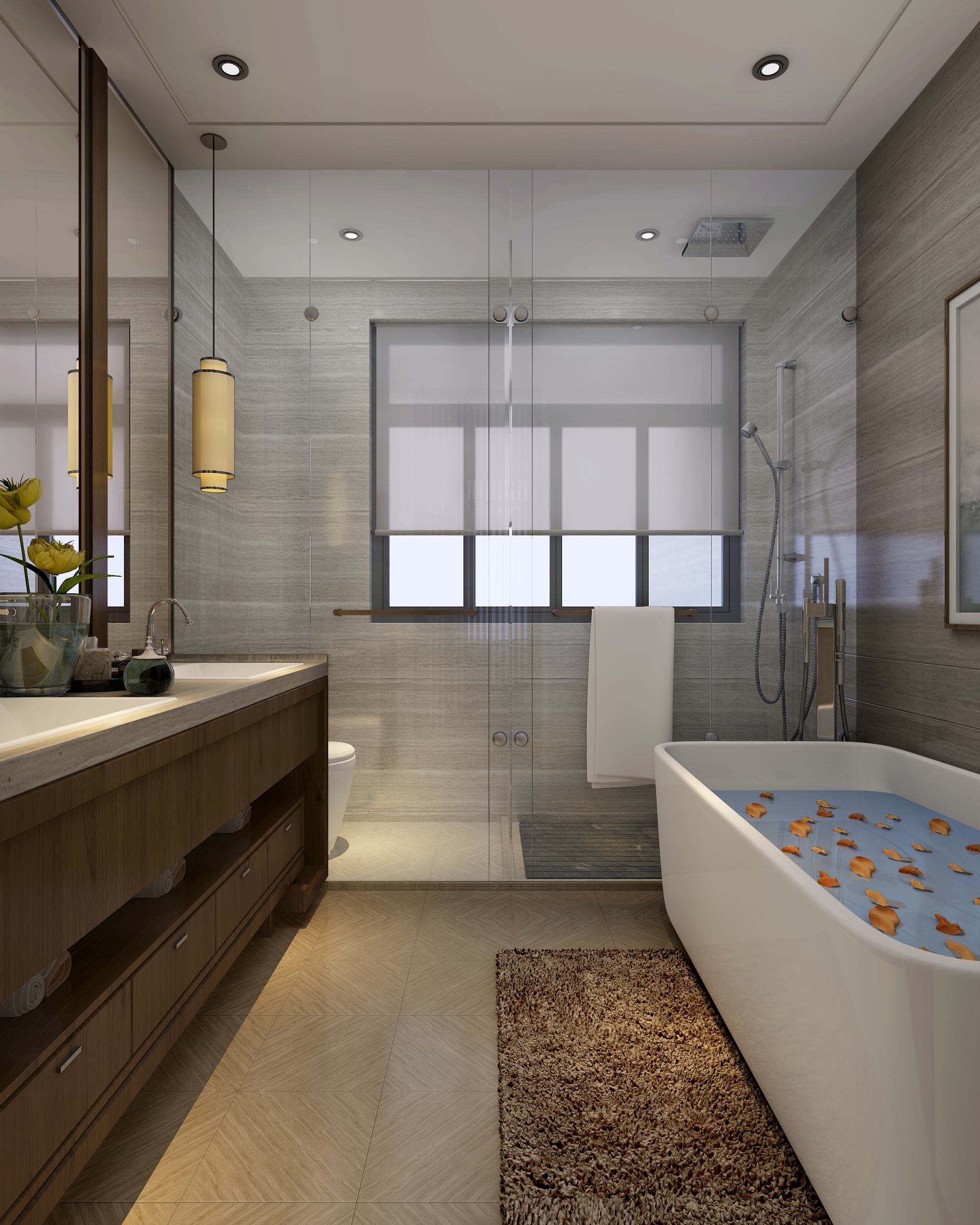 中式风格,别墅装修,140平米以上装修,20万以上装修,卫生间,洗手台,浴缸,灰色