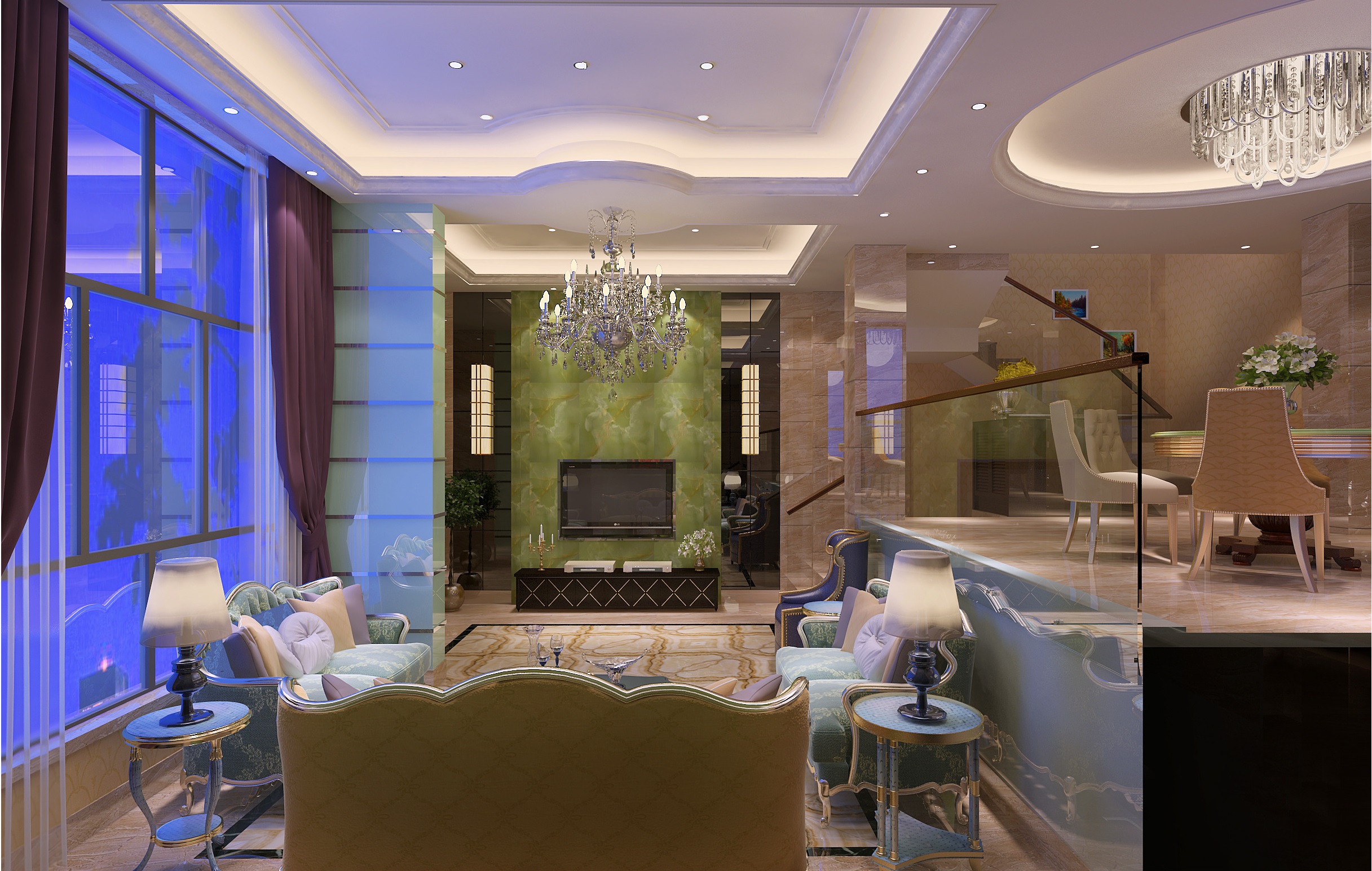 140平米以上装修,欧式风格,别墅装修,豪华型装修,客厅,电视背景墙,绿色