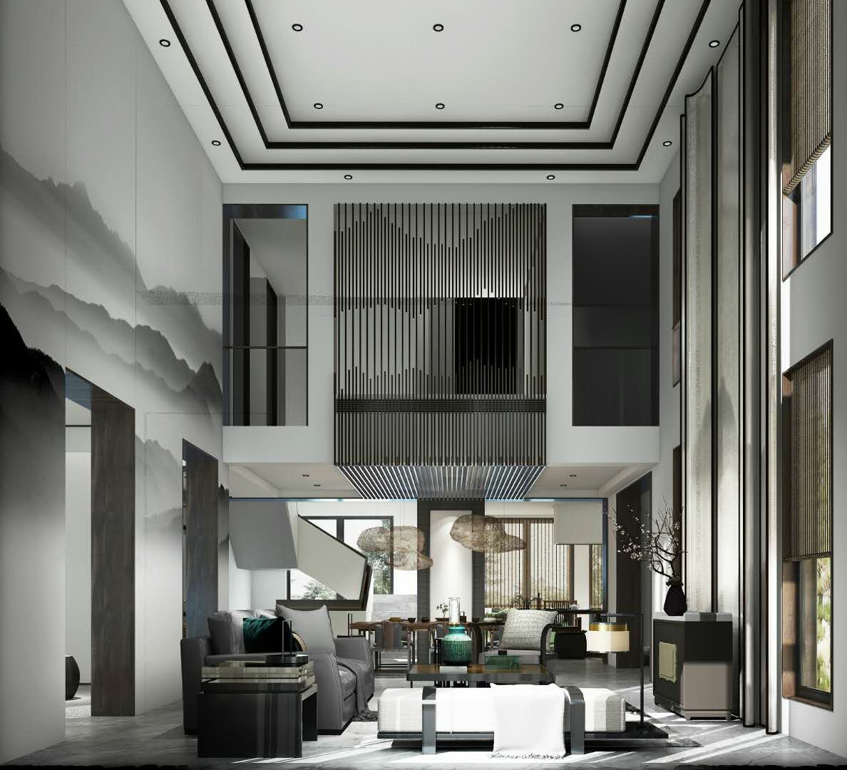 中式风格,别墅装修,140平米以上装修,20万以上装修,客厅,背景墙,吊顶,灰色