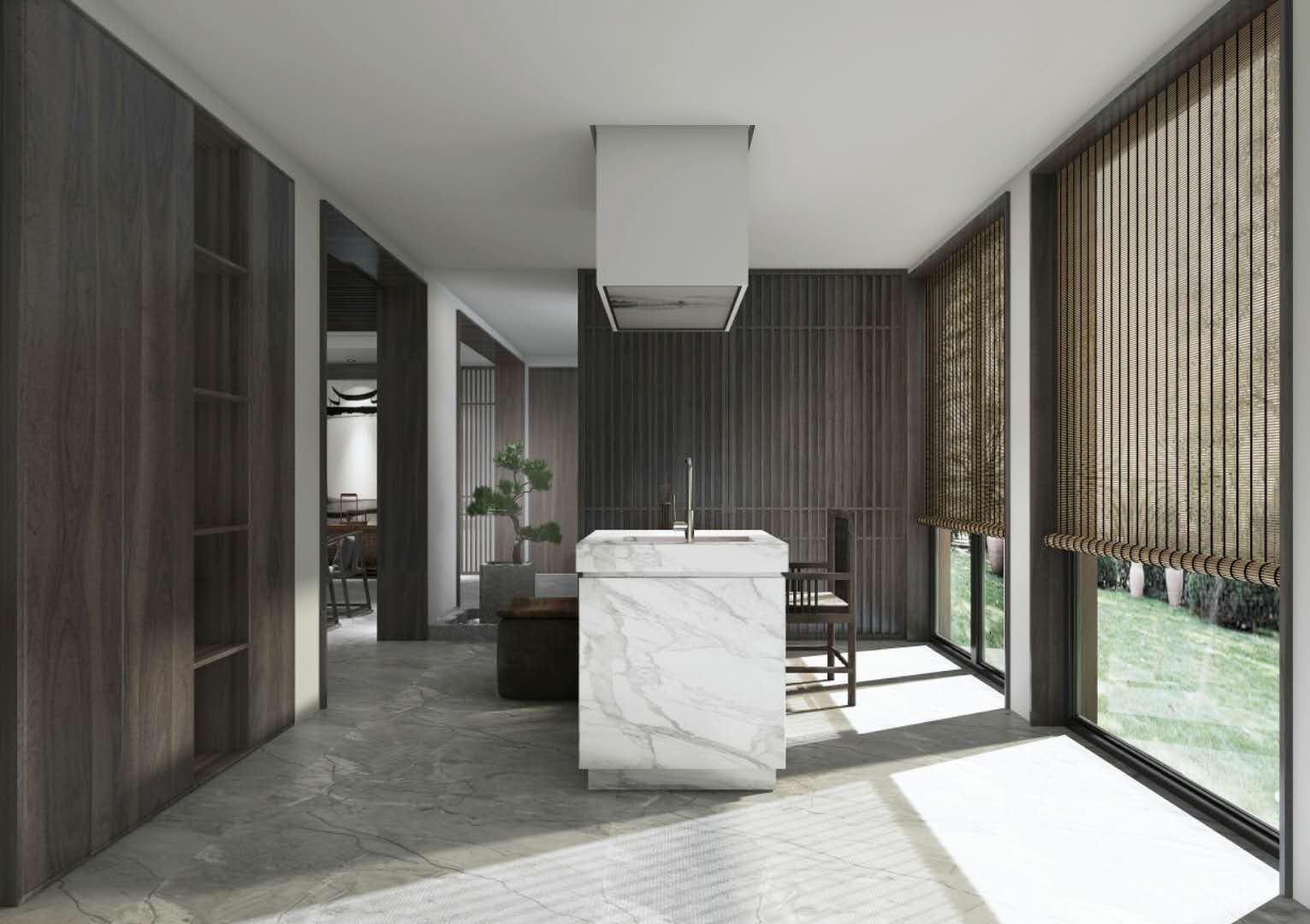 中式风格,别墅装修,140平米以上装修,20万以上装修,厨房,窗帘,灰色