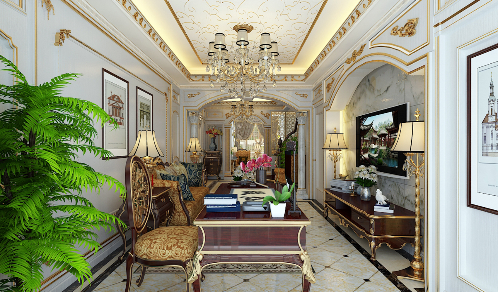 别墅装修,140平米以上装修,豪华型装修,客厅,法式风格,金色,吊顶