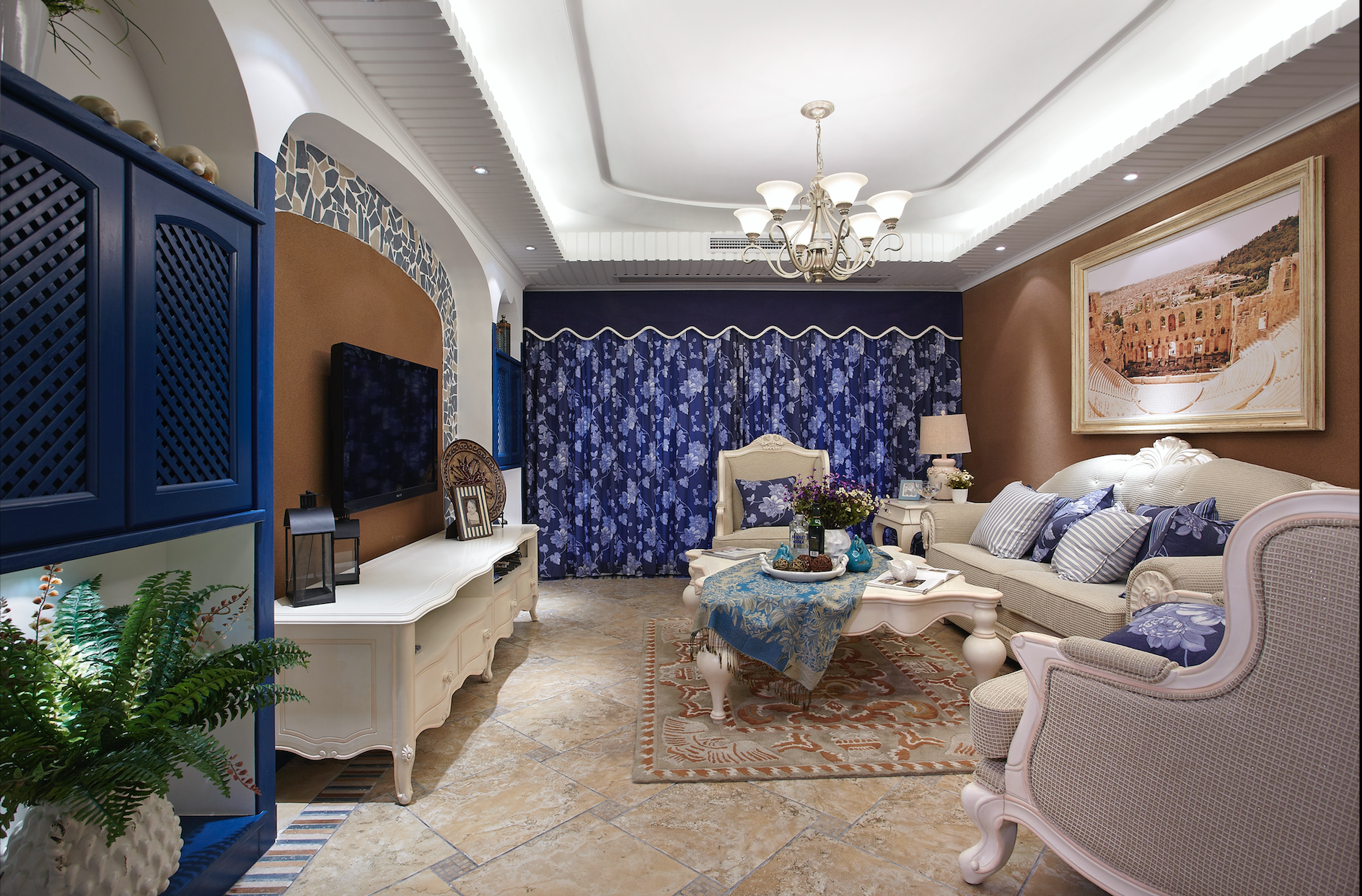 地中海风格,140平米以上装修,20万以上装修,三居室装修,客厅,蓝色,窗帘