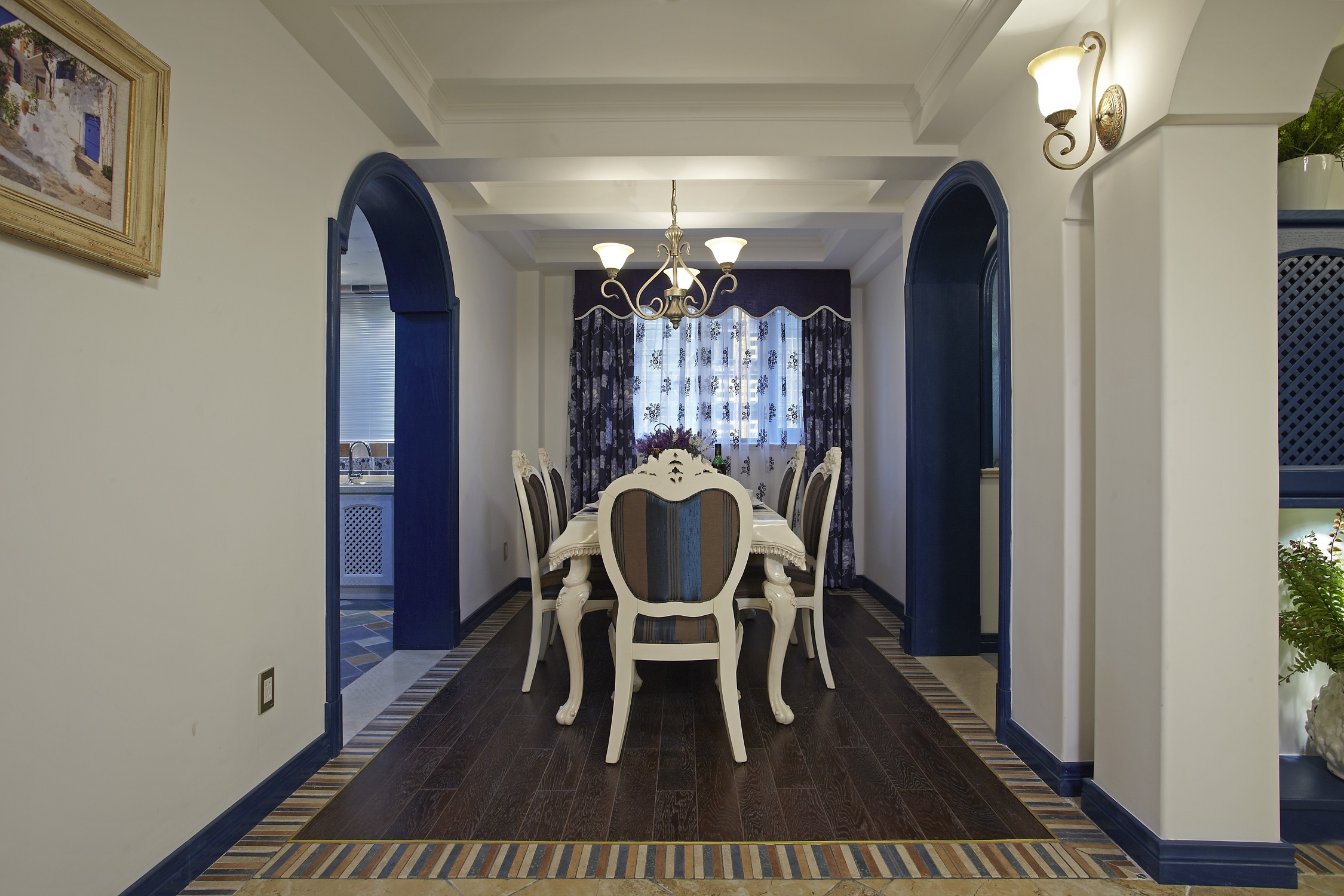 地中海风格,140平米以上装修,20万以上装修,三居室装修,餐厅,蓝色,餐桌